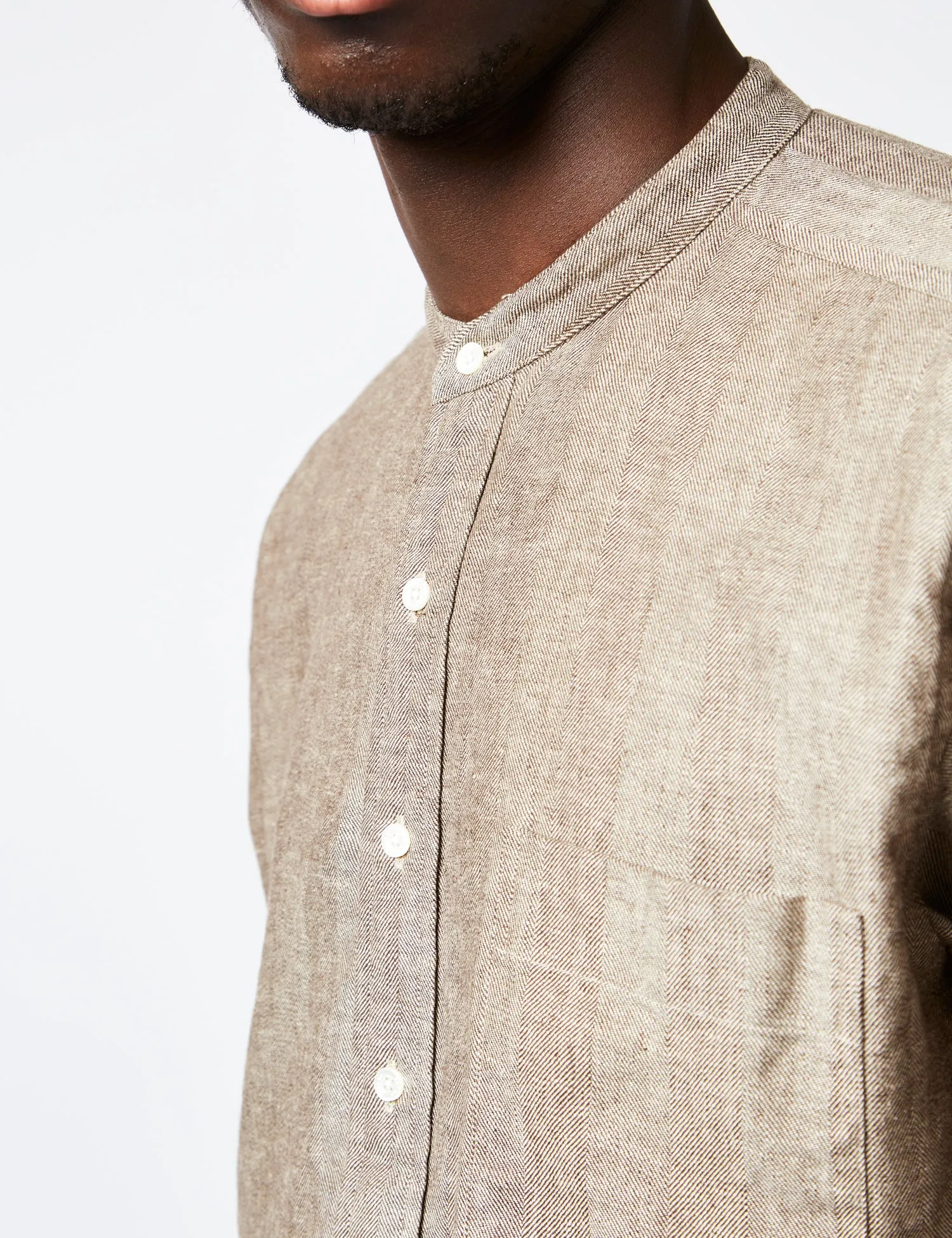 Beams Plus Band Collar Pullover Shirt - Brown