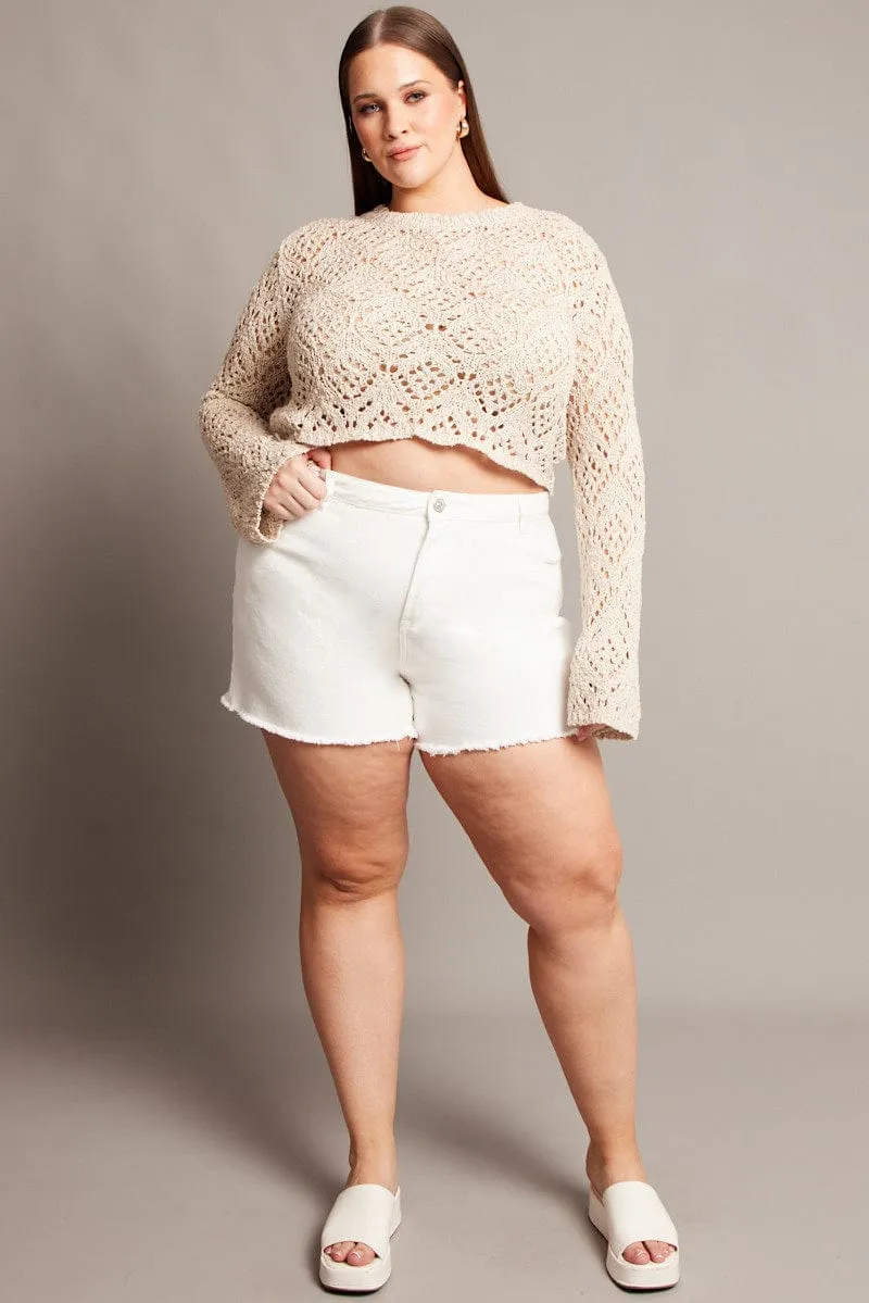 Beige Crochet Knit Top Long Sleeve Crew Neck