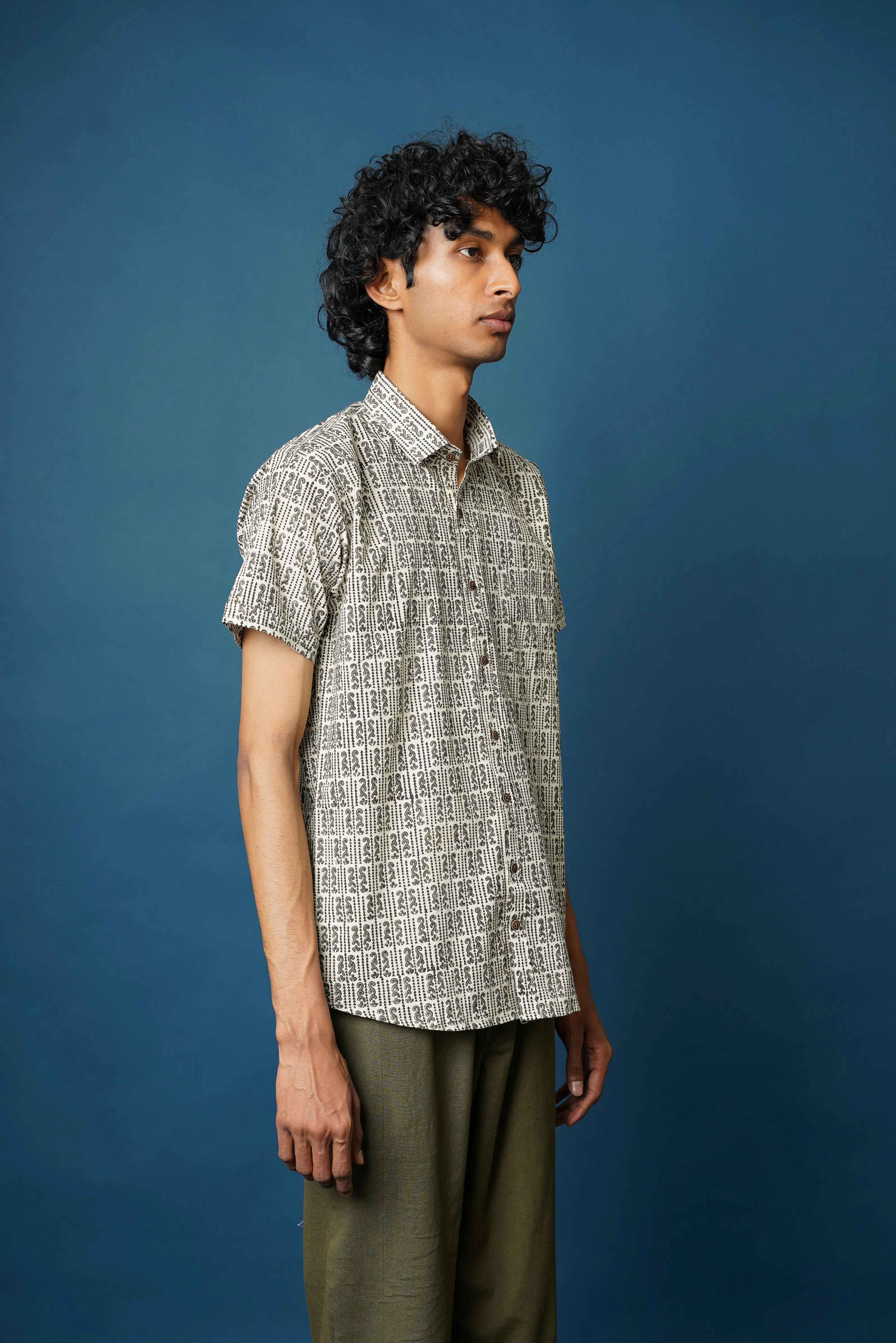 Beige Hand Block men's Half Sleeves Shirt
