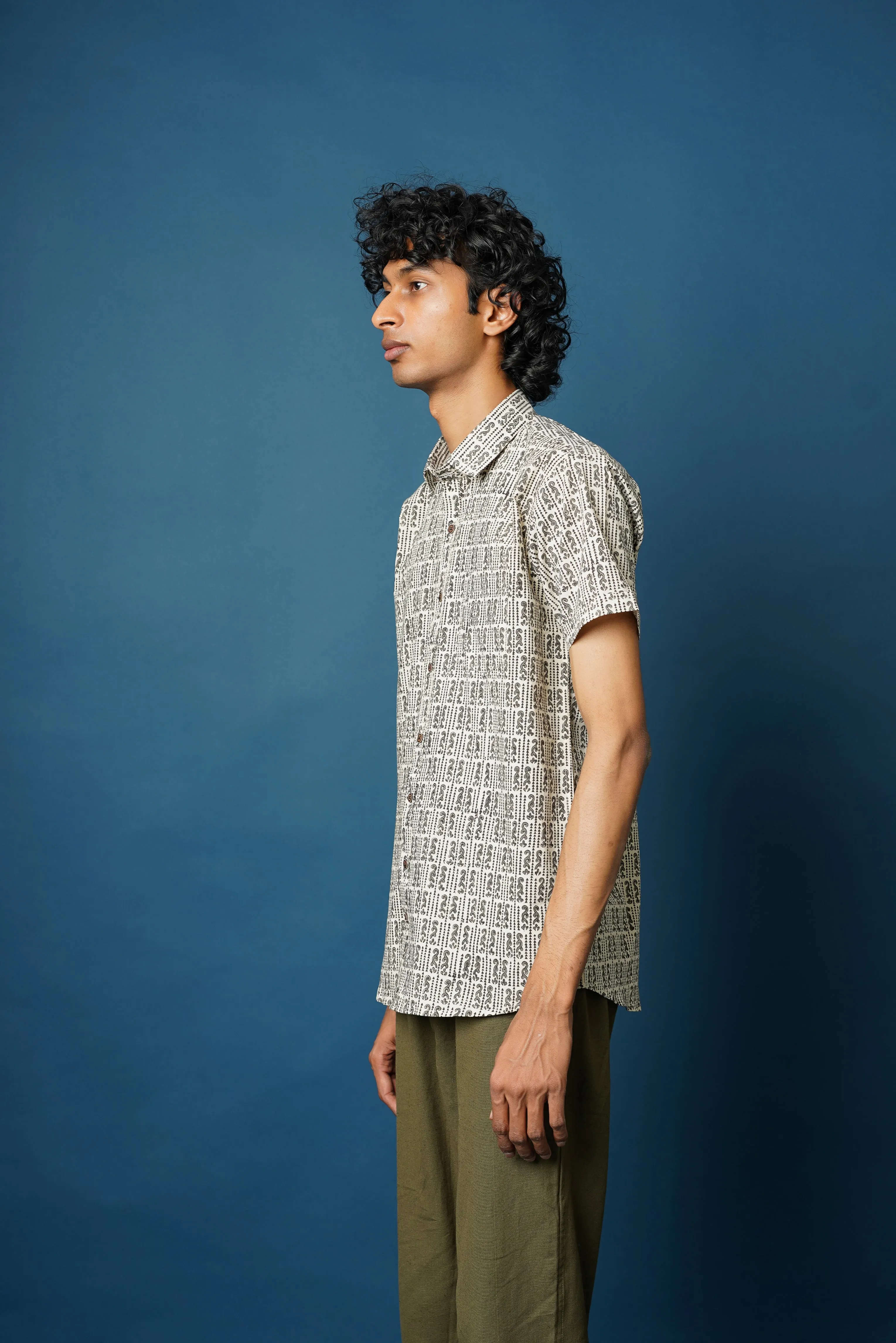 Beige Hand Block men's Half Sleeves Shirt