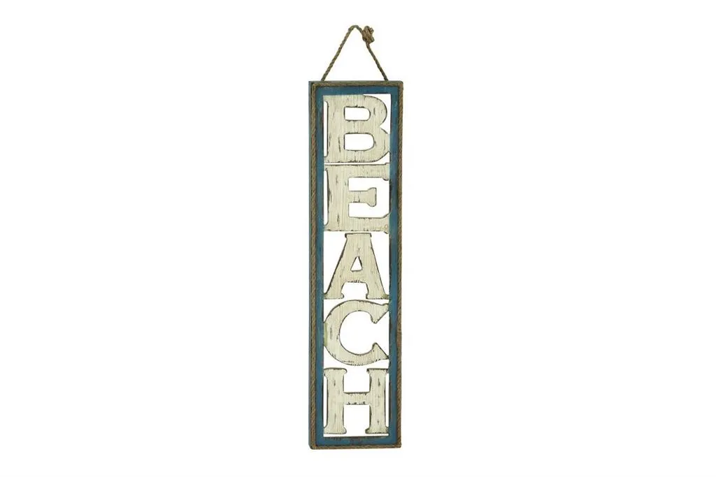 BEIGE WOOD SIGN BEACH WALL DECOR WITH ROPE HANGER