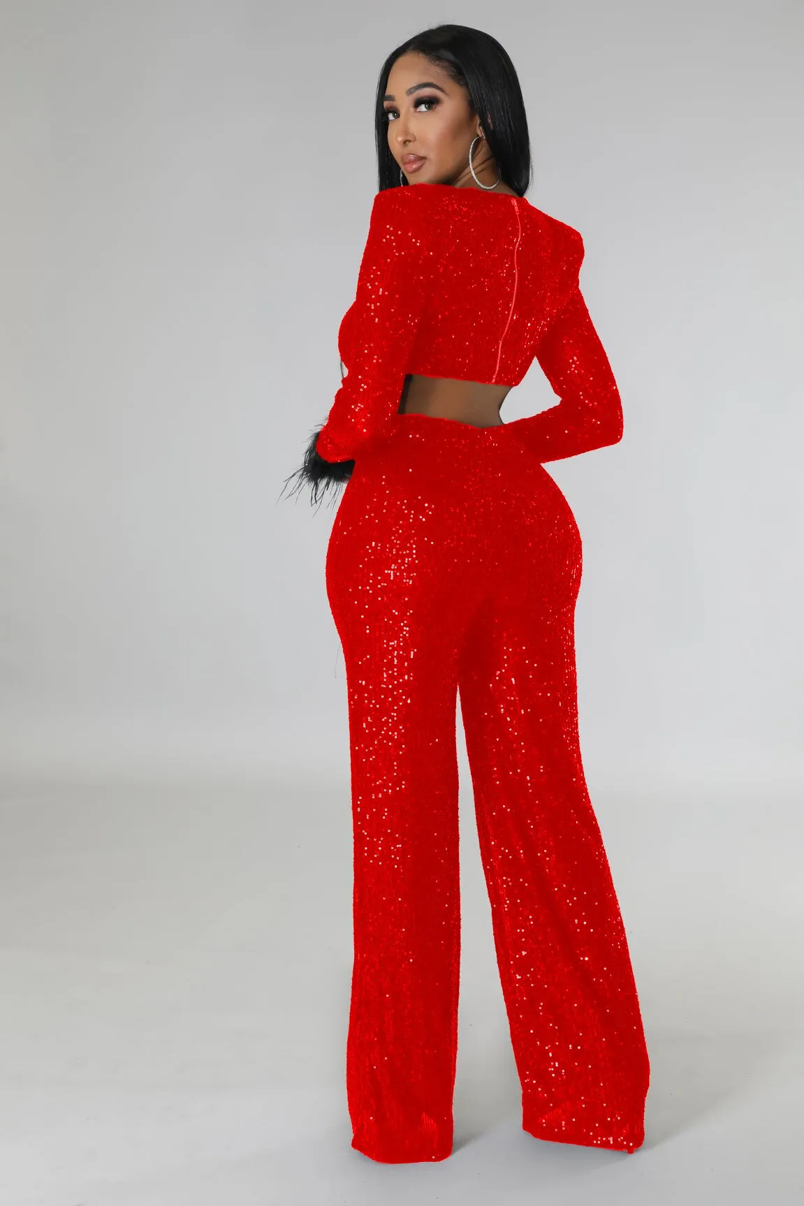 BerriesJam - 2024 Solid Sequins V-neck Long Feather Sleeve Night Club Jumpsuit