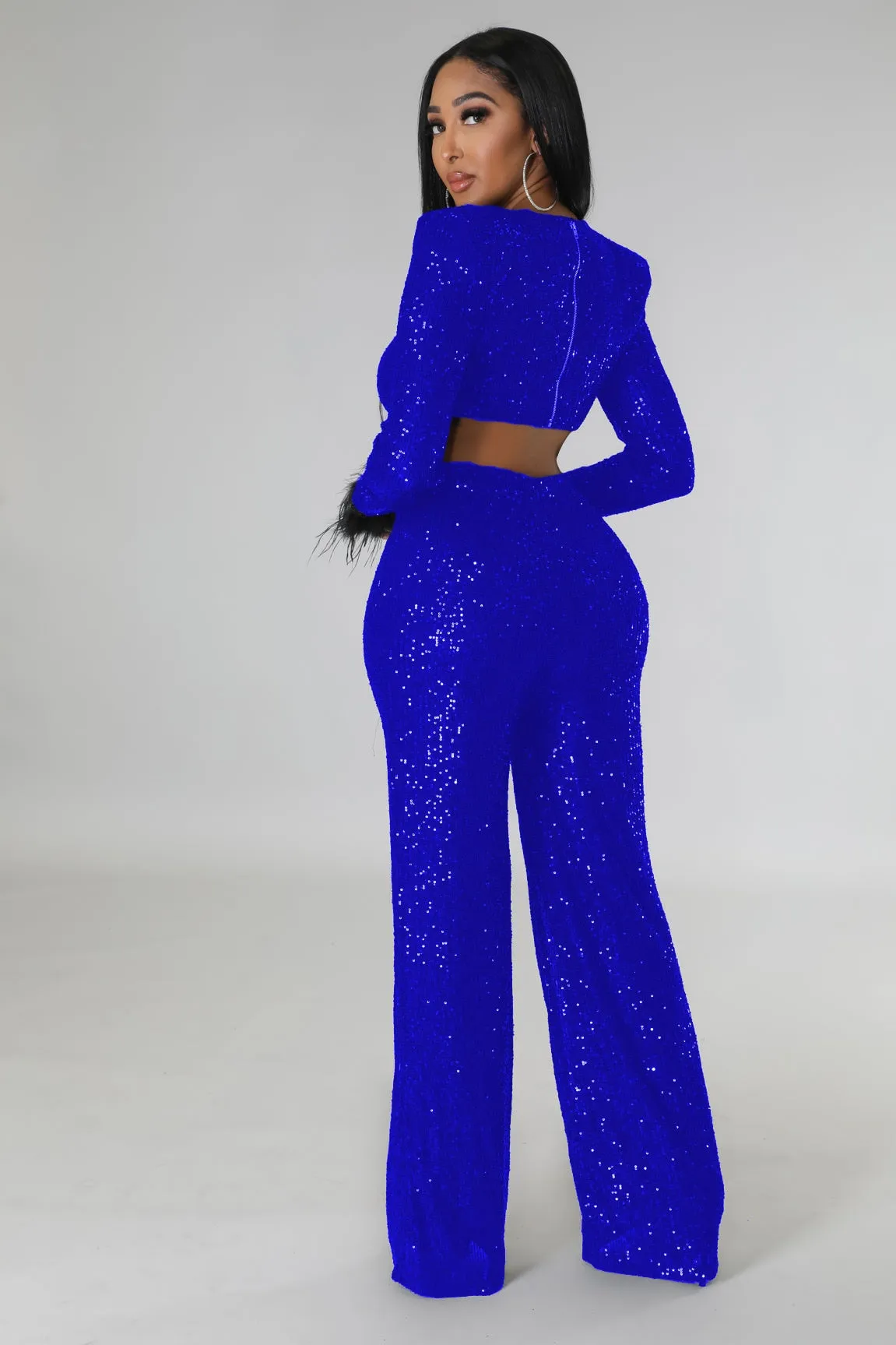BerriesJam - 2024 Solid Sequins V-neck Long Feather Sleeve Night Club Jumpsuit