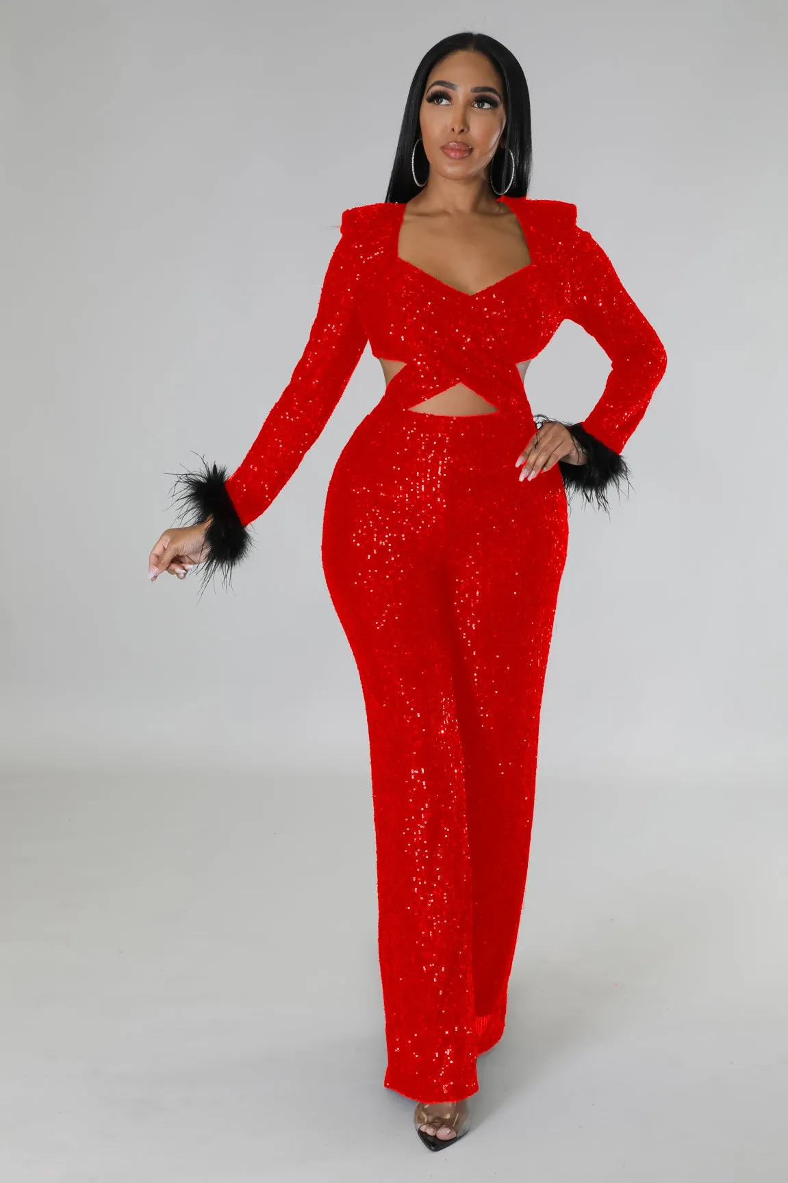 BerriesJam - 2024 Solid Sequins V-neck Long Feather Sleeve Night Club Jumpsuit