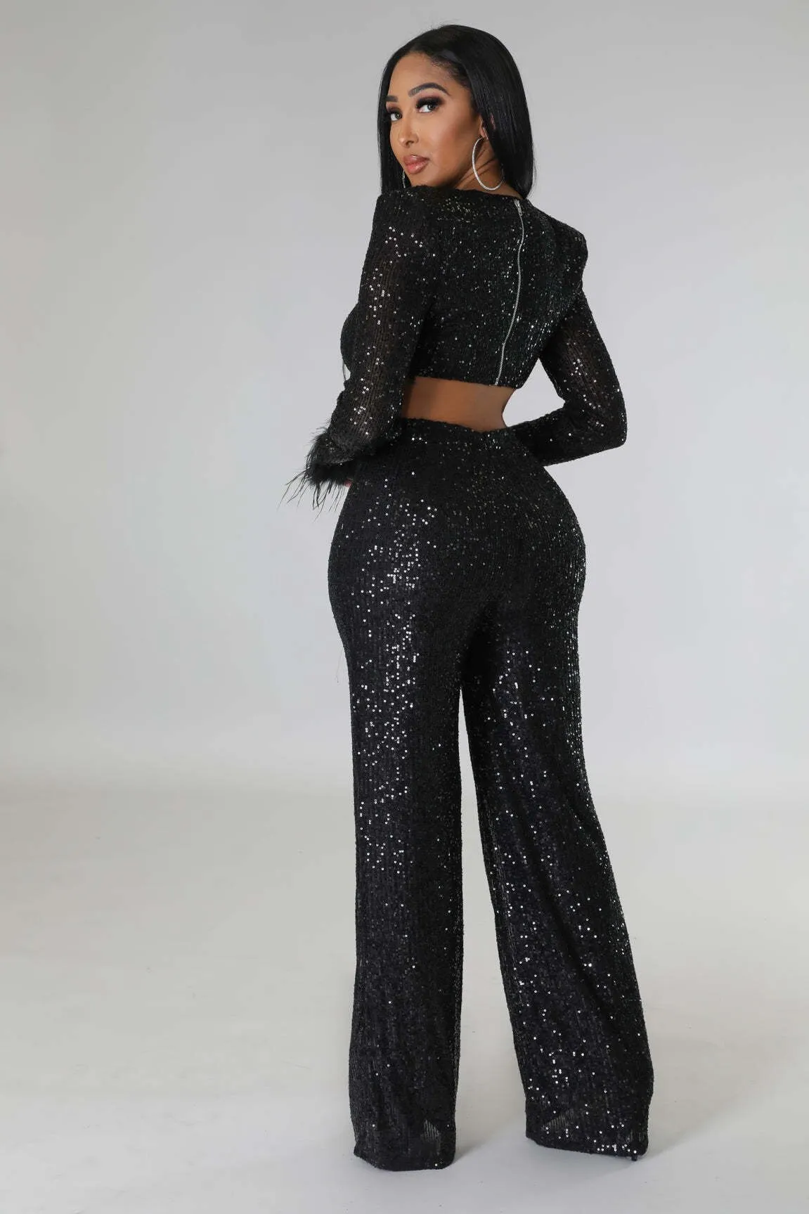 BerriesJam - 2024 Solid Sequins V-neck Long Feather Sleeve Night Club Jumpsuit