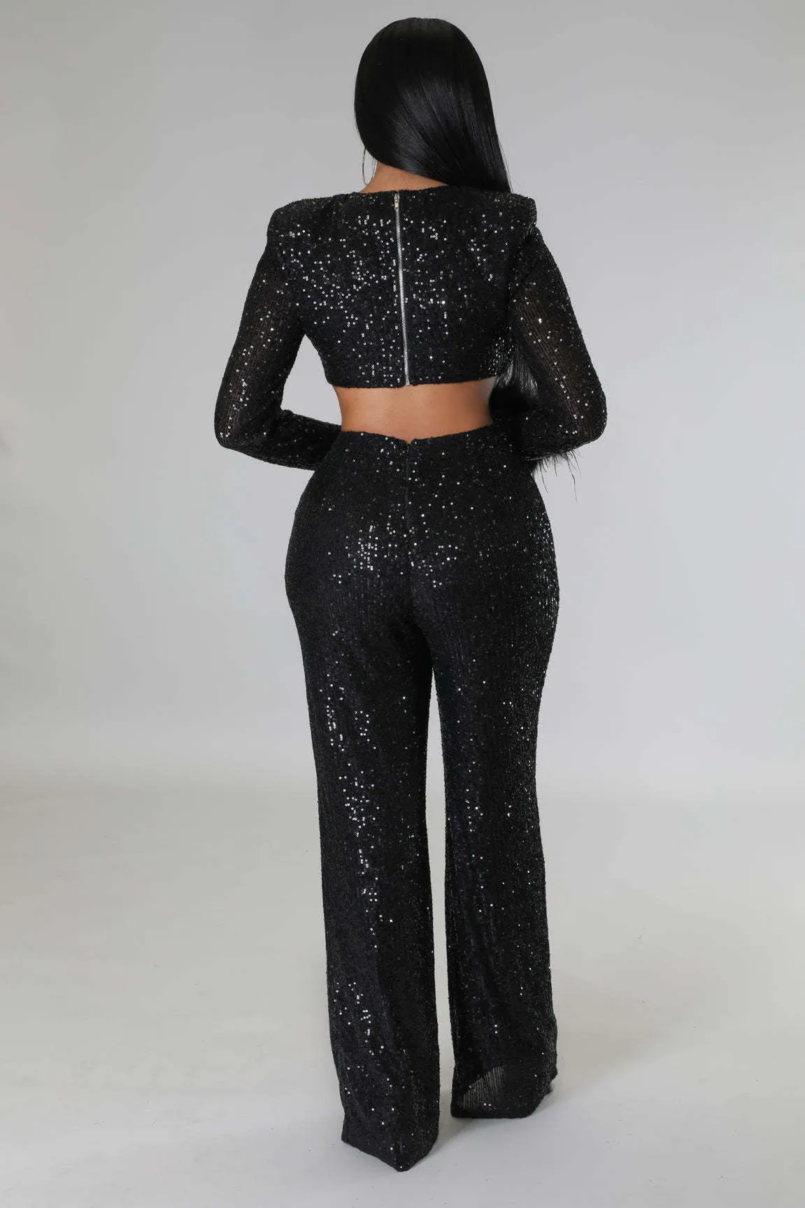 BerriesJam - 2024 Solid Sequins V-neck Long Feather Sleeve Night Club Jumpsuit