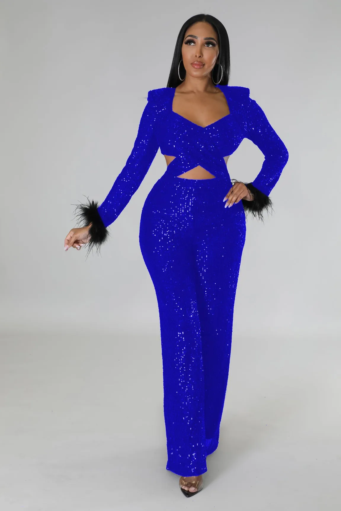 BerriesJam - 2024 Solid Sequins V-neck Long Feather Sleeve Night Club Jumpsuit