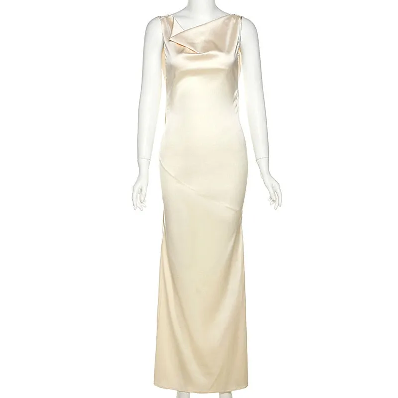 BerriesJam - 2024 Straps Draped Off Shoulder Sleeveless Maxi Satin Dress