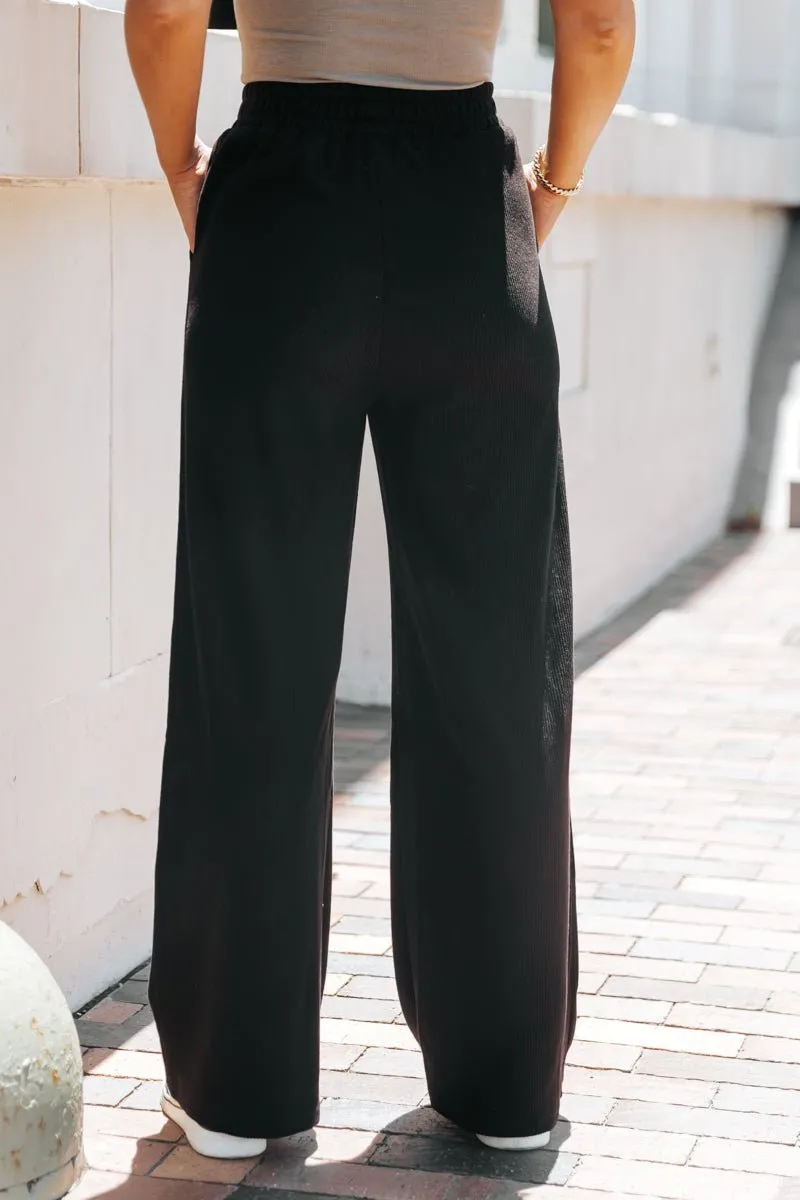 Black Elastic Waist Ribbed Pants
