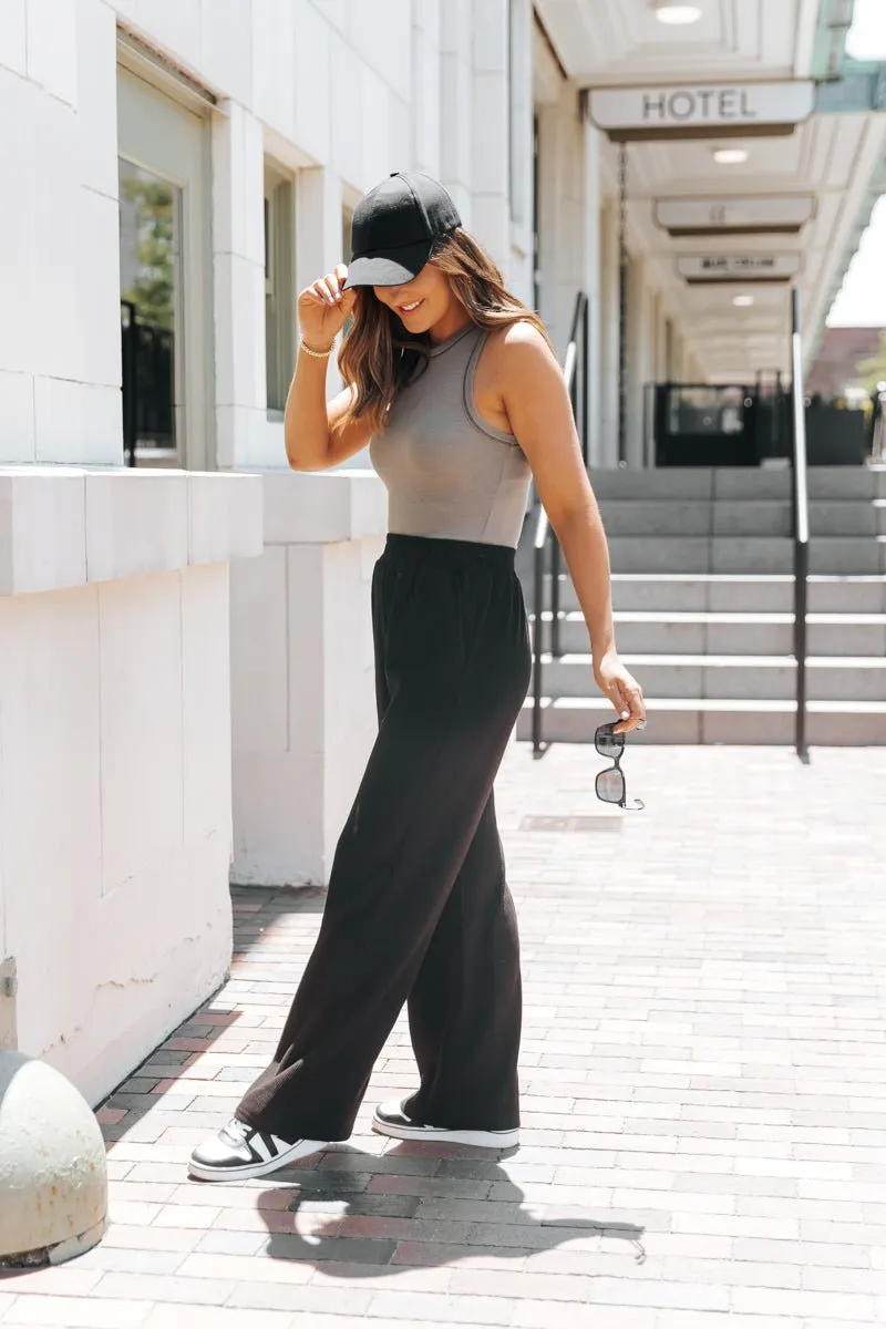 Black Elastic Waist Ribbed Pants