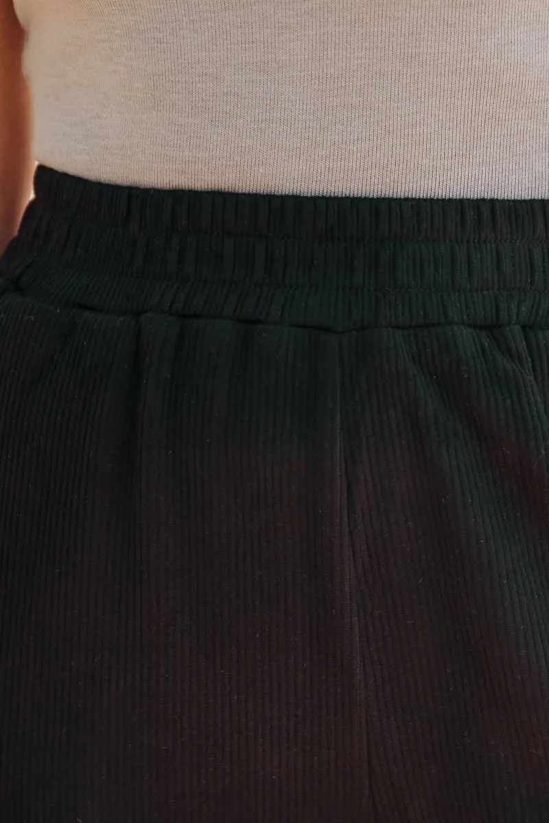 Black Elastic Waist Ribbed Pants