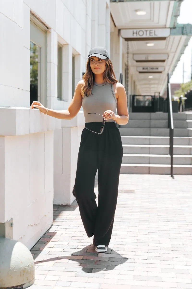 Black Elastic Waist Ribbed Pants
