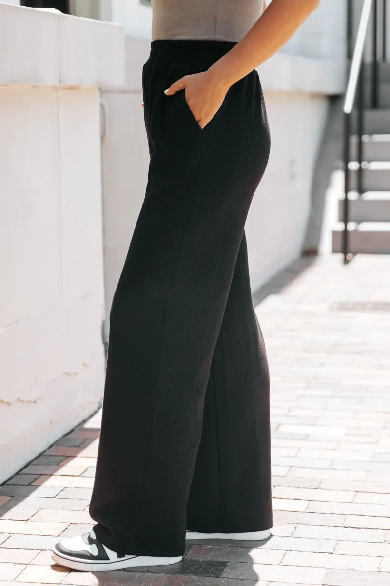 Black Elastic Waist Ribbed Pants