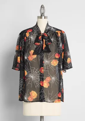 Blooming Webs Tie-Neck Blouse