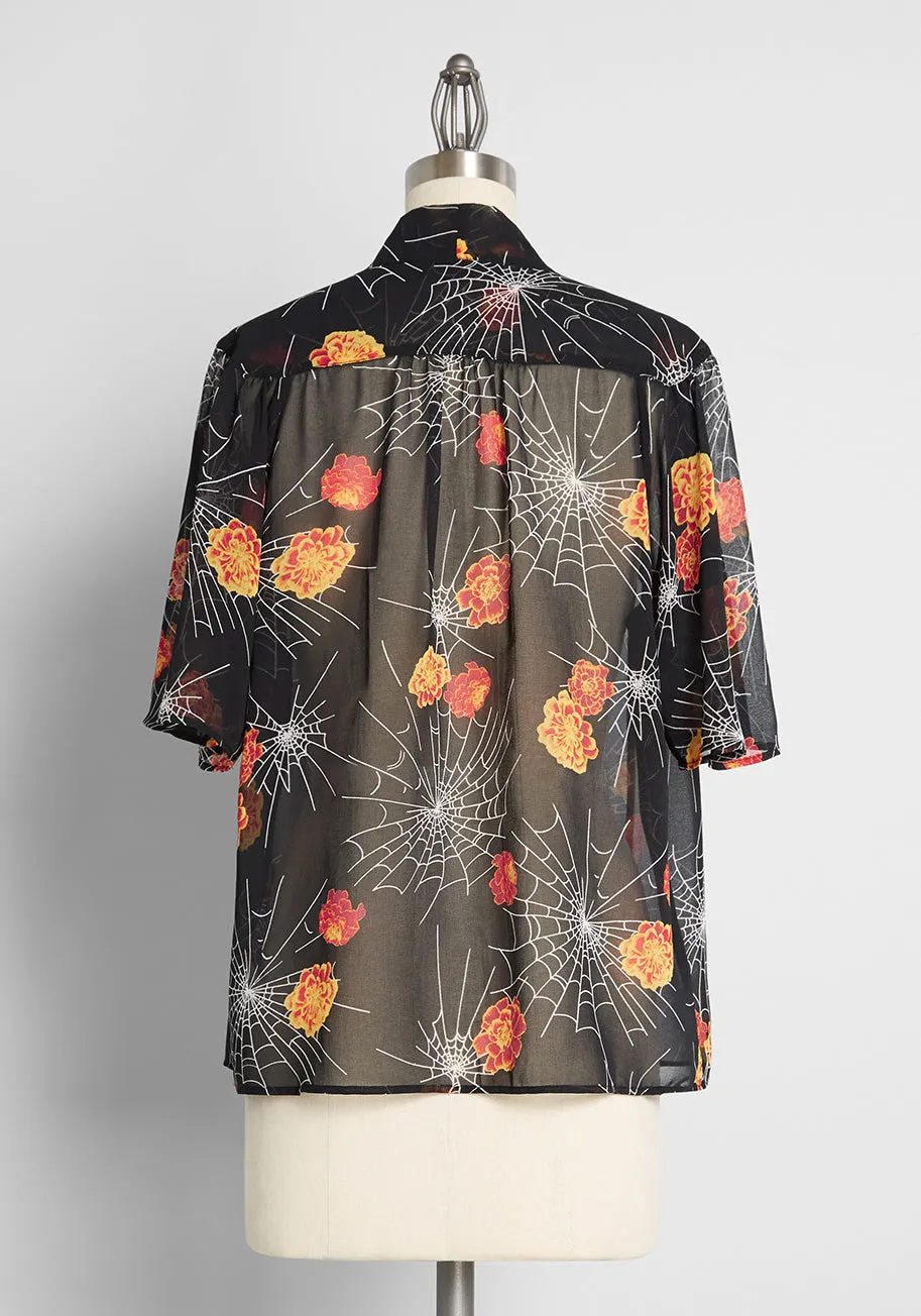 Blooming Webs Tie-Neck Blouse