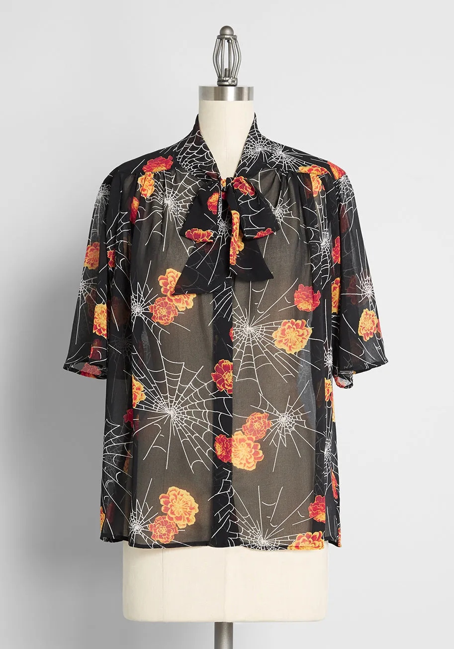 Blooming Webs Tie-Neck Blouse