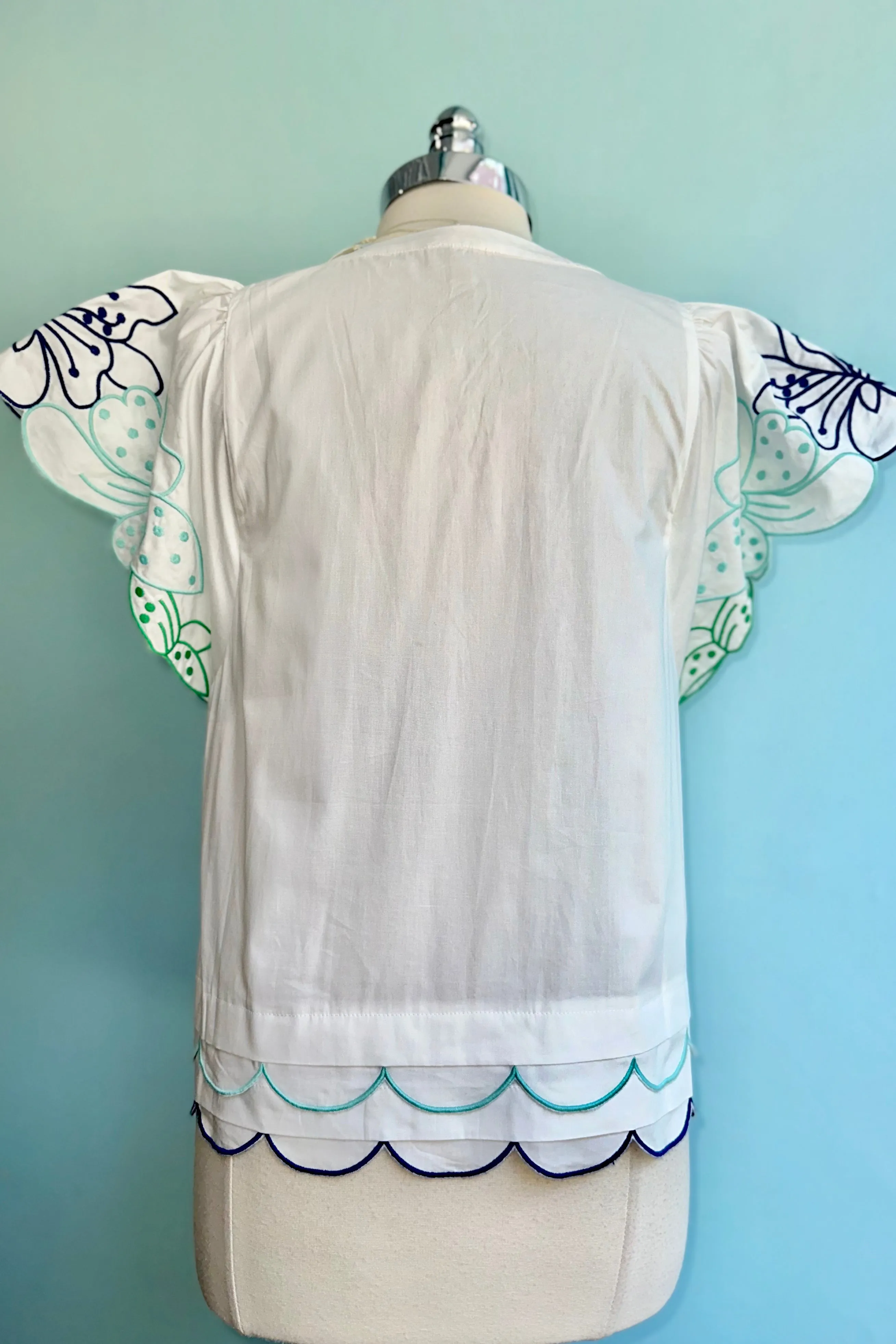 Blue Embroidered Sleeve White Poplin Top