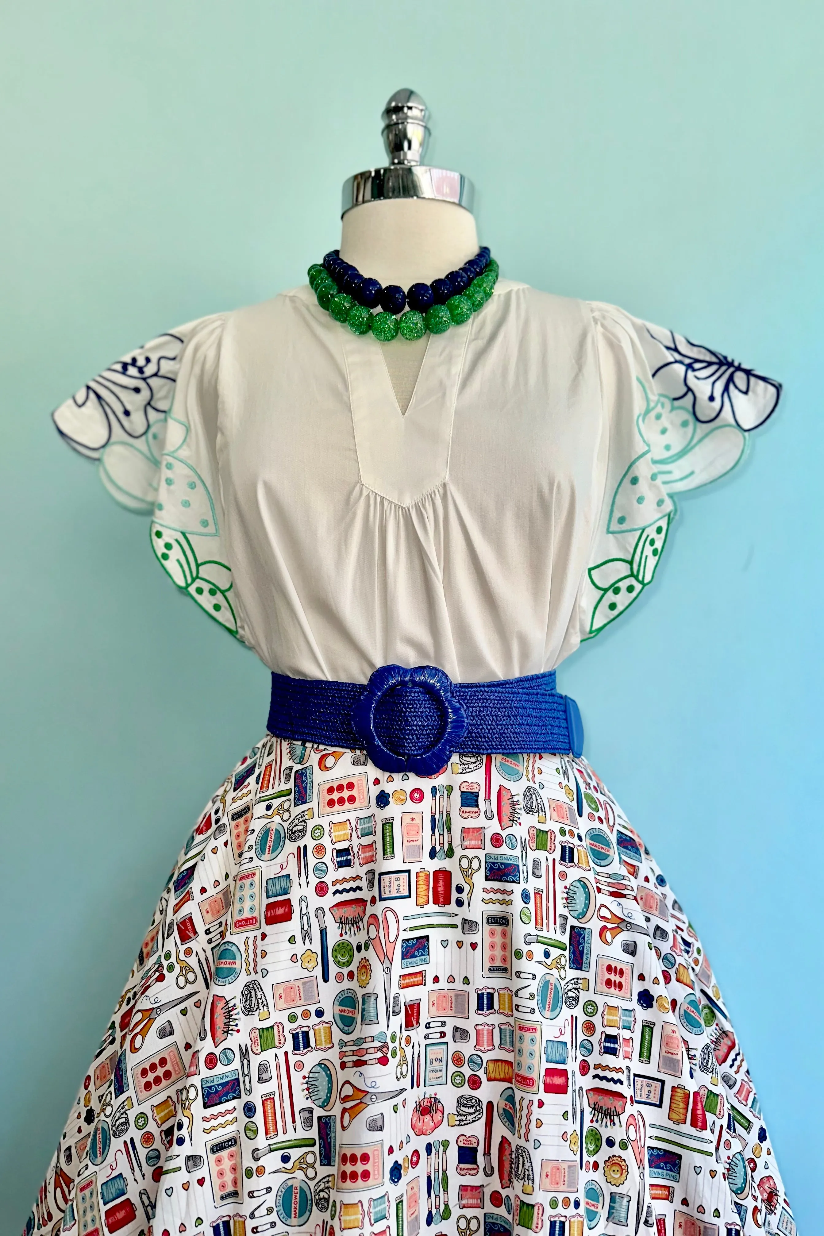 Blue Embroidered Sleeve White Poplin Top