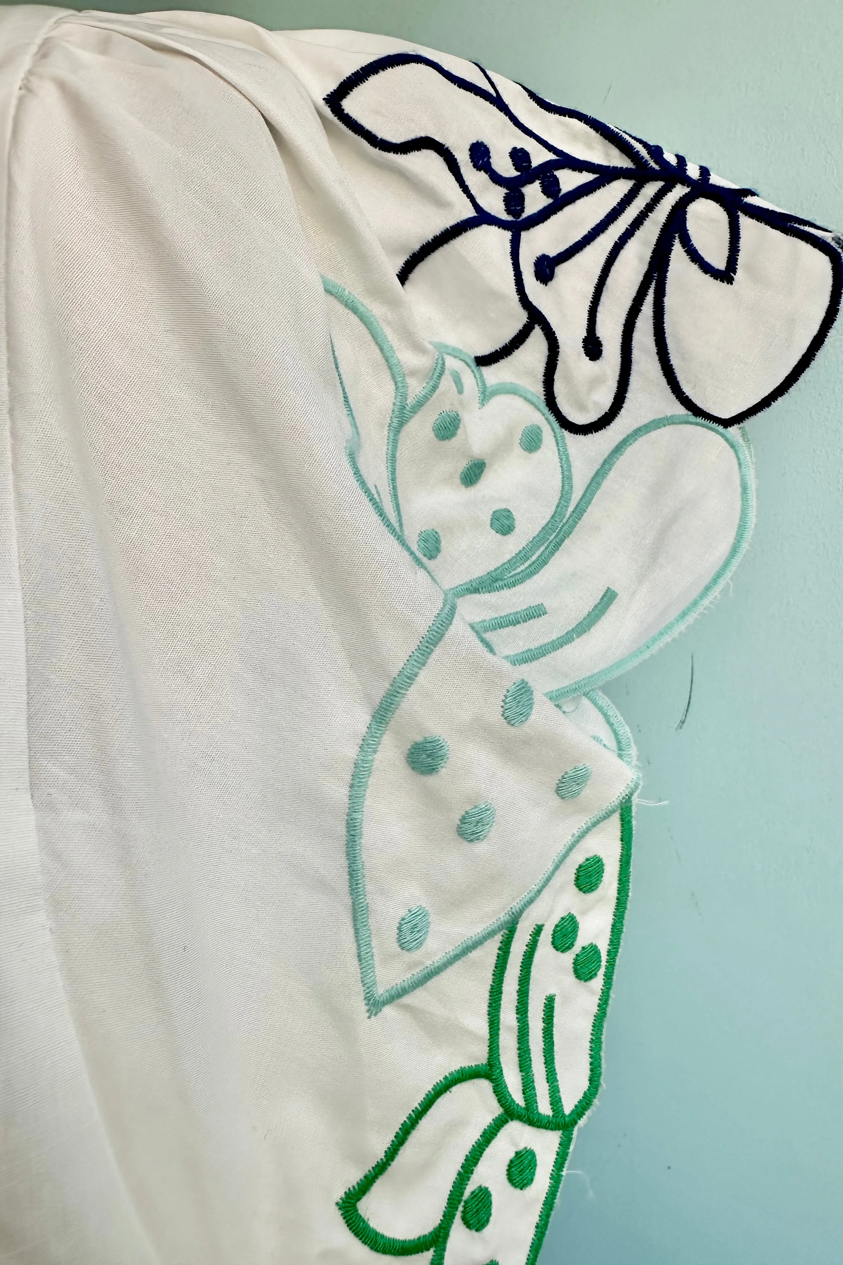 Blue Embroidered Sleeve White Poplin Top