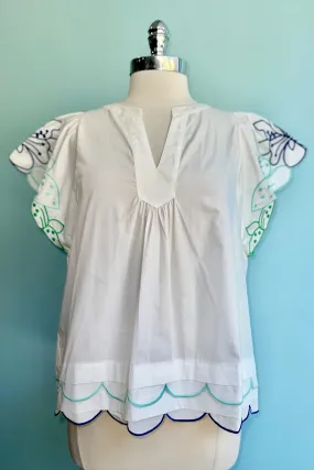 Blue Embroidered Sleeve White Poplin Top