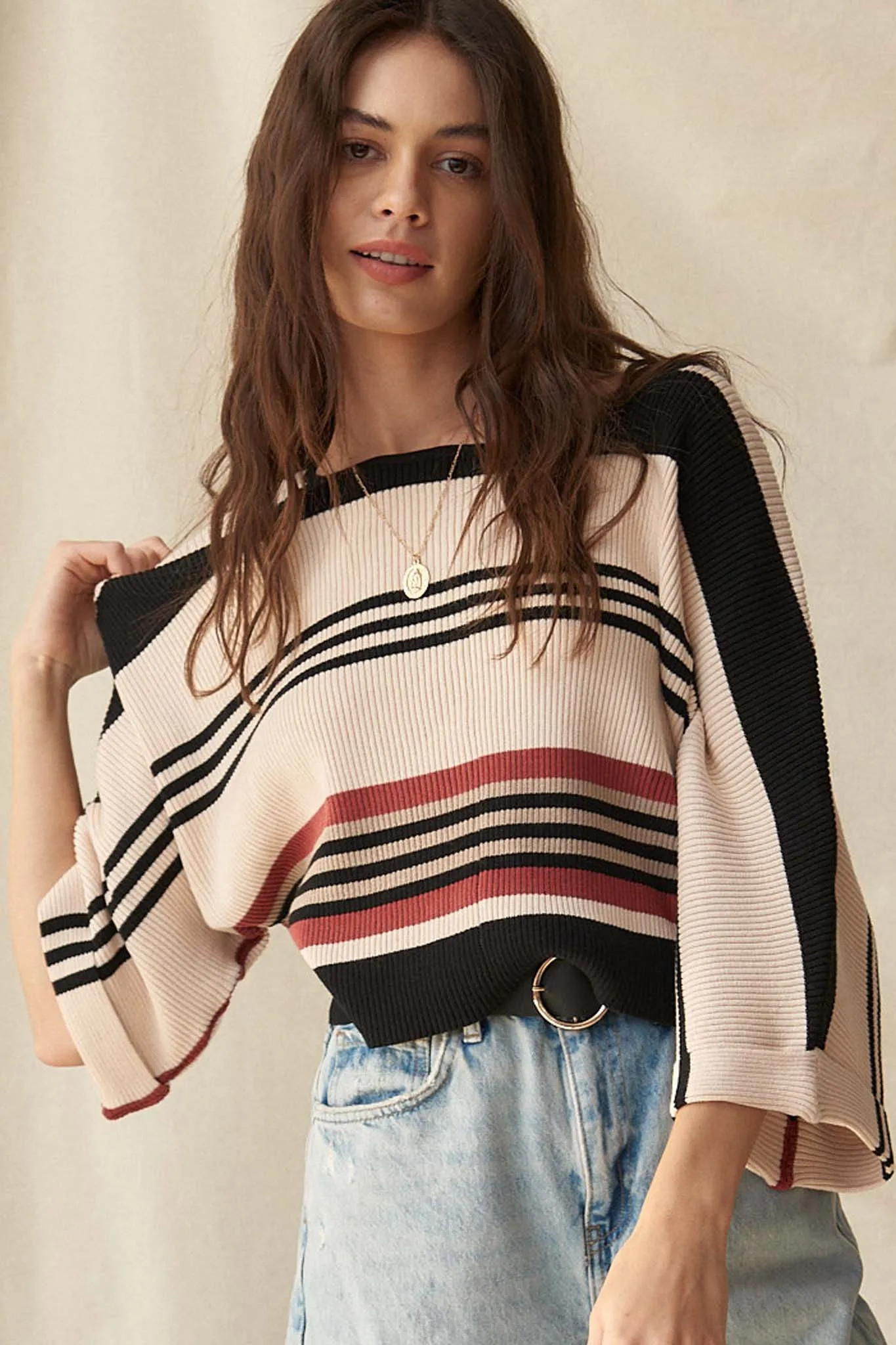 Borderline Striped Rib-Knit Cropped Sweater