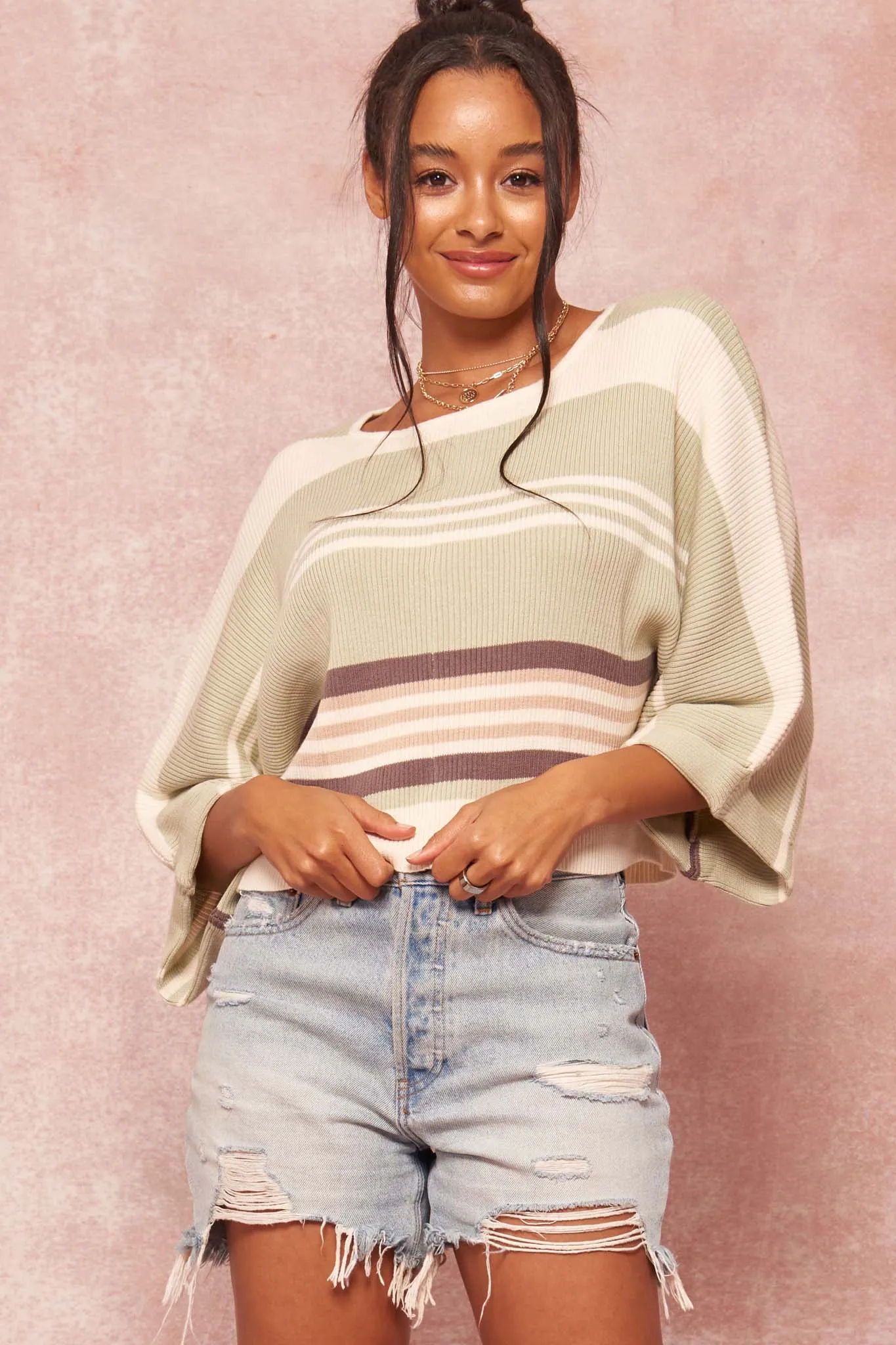 Borderline Striped Rib-Knit Cropped Sweater