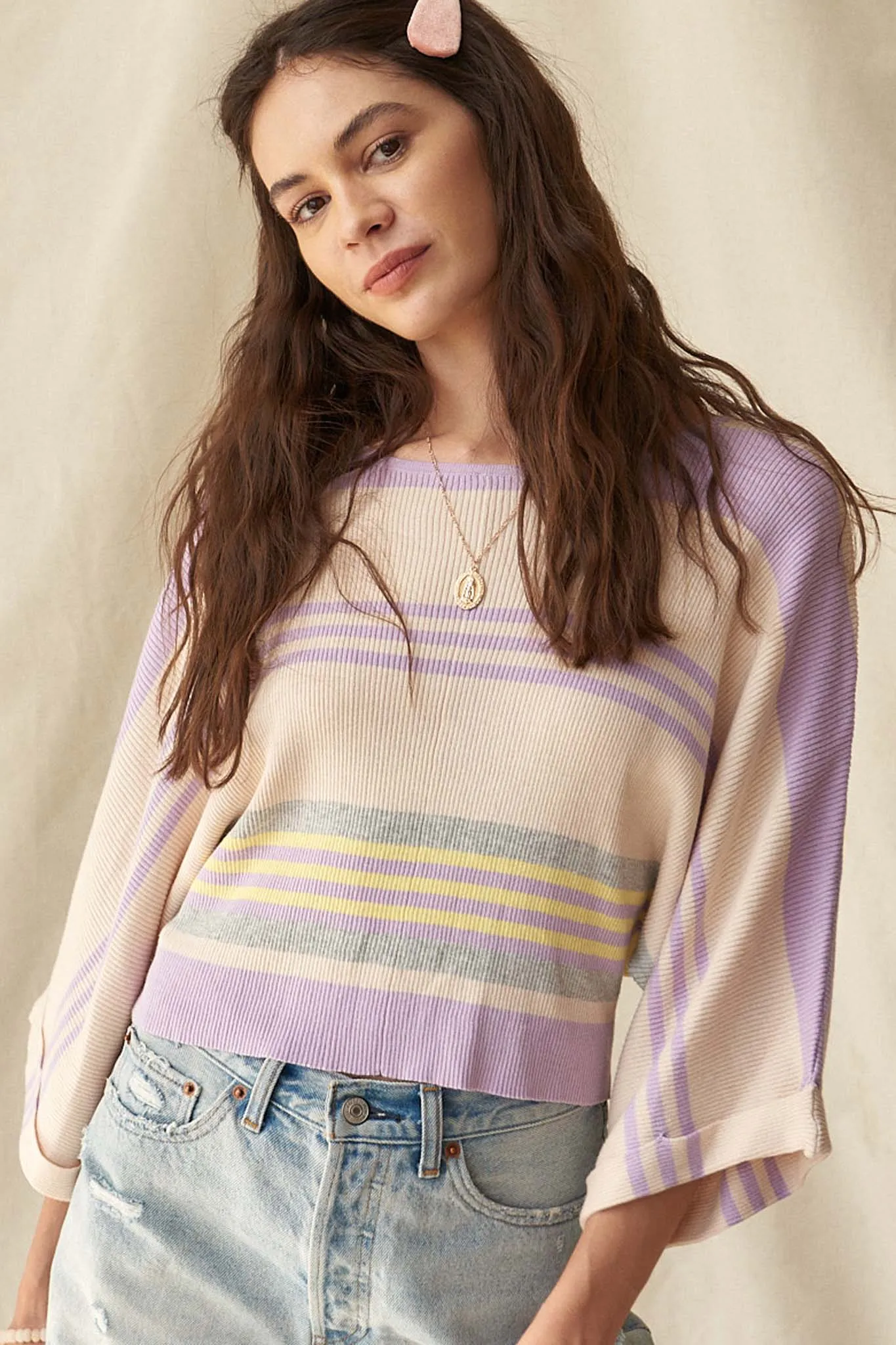 Borderline Striped Rib-Knit Cropped Sweater