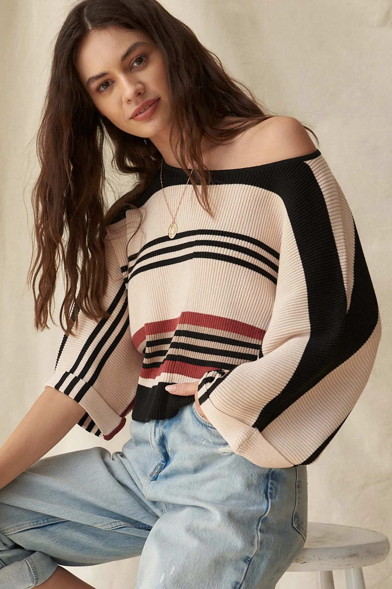 Borderline Striped Rib-Knit Cropped Sweater