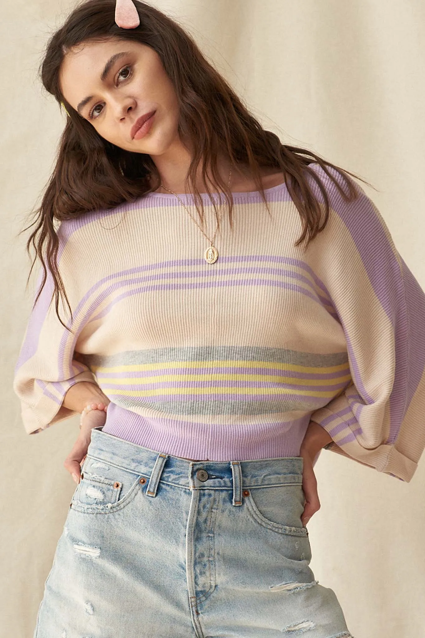 Borderline Striped Rib-Knit Cropped Sweater