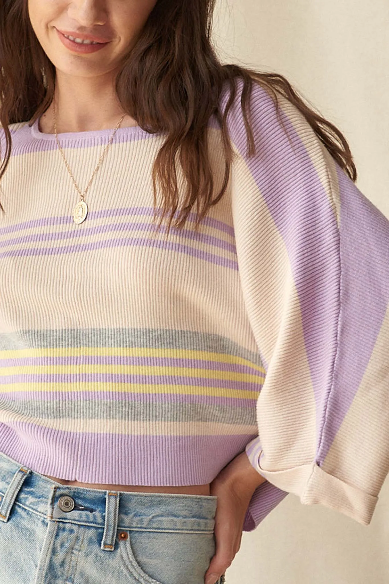 Borderline Striped Rib-Knit Cropped Sweater