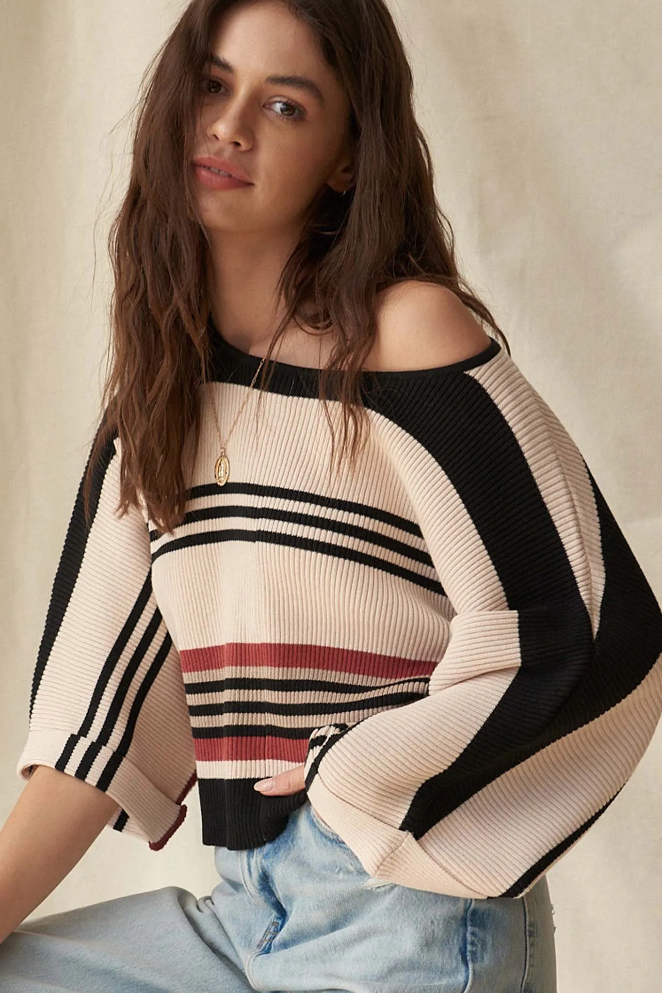 Borderline Striped Rib-Knit Cropped Sweater