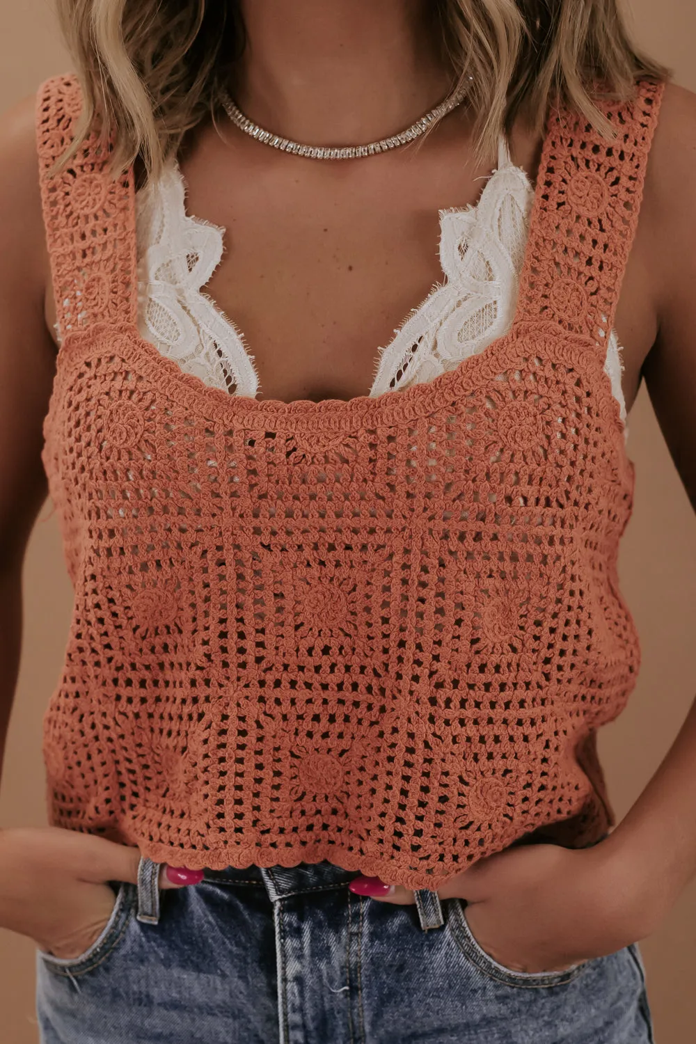 Camden Crochet Tank, Salmon