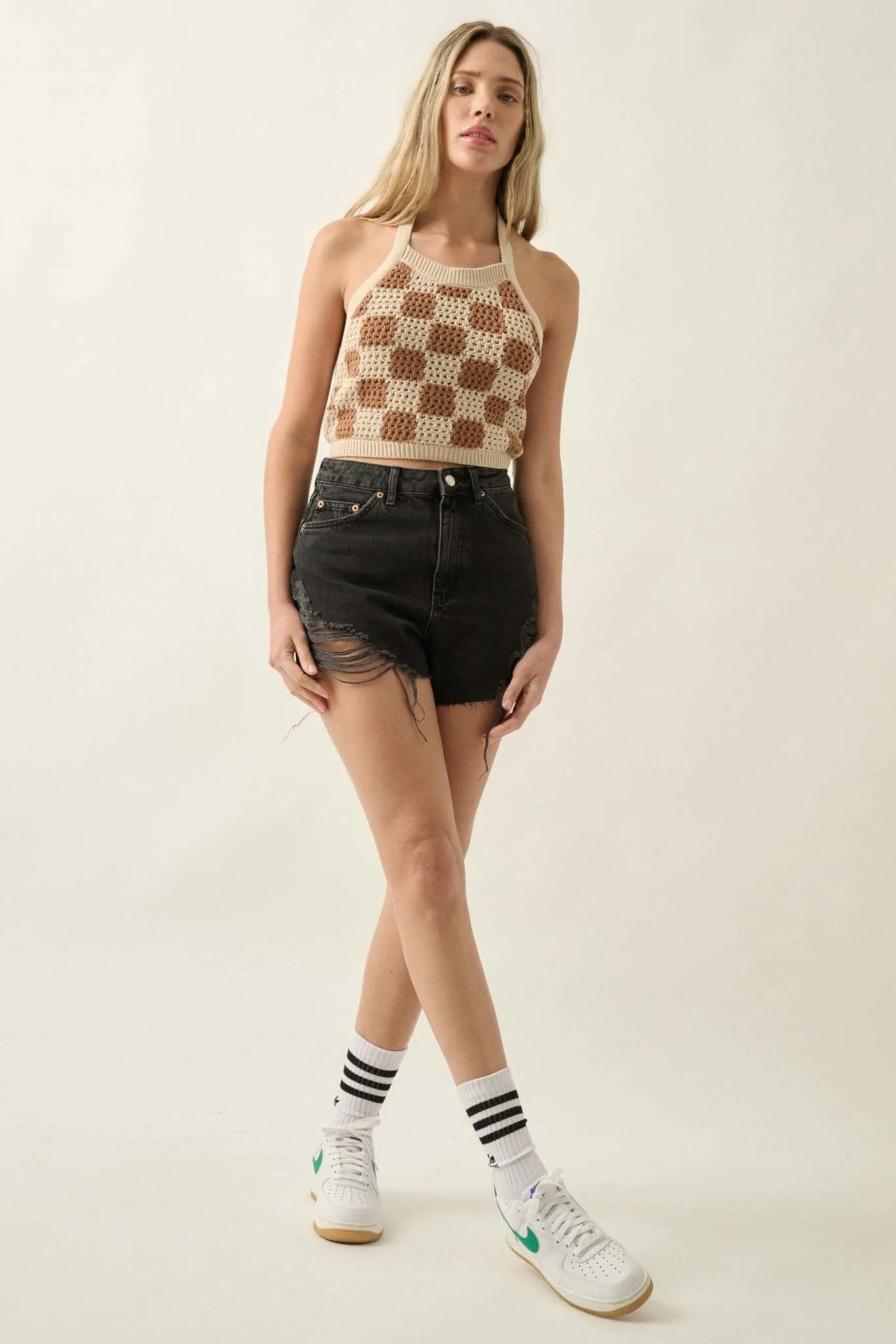 Check Yourself Checker Crochet Knit Halter Top