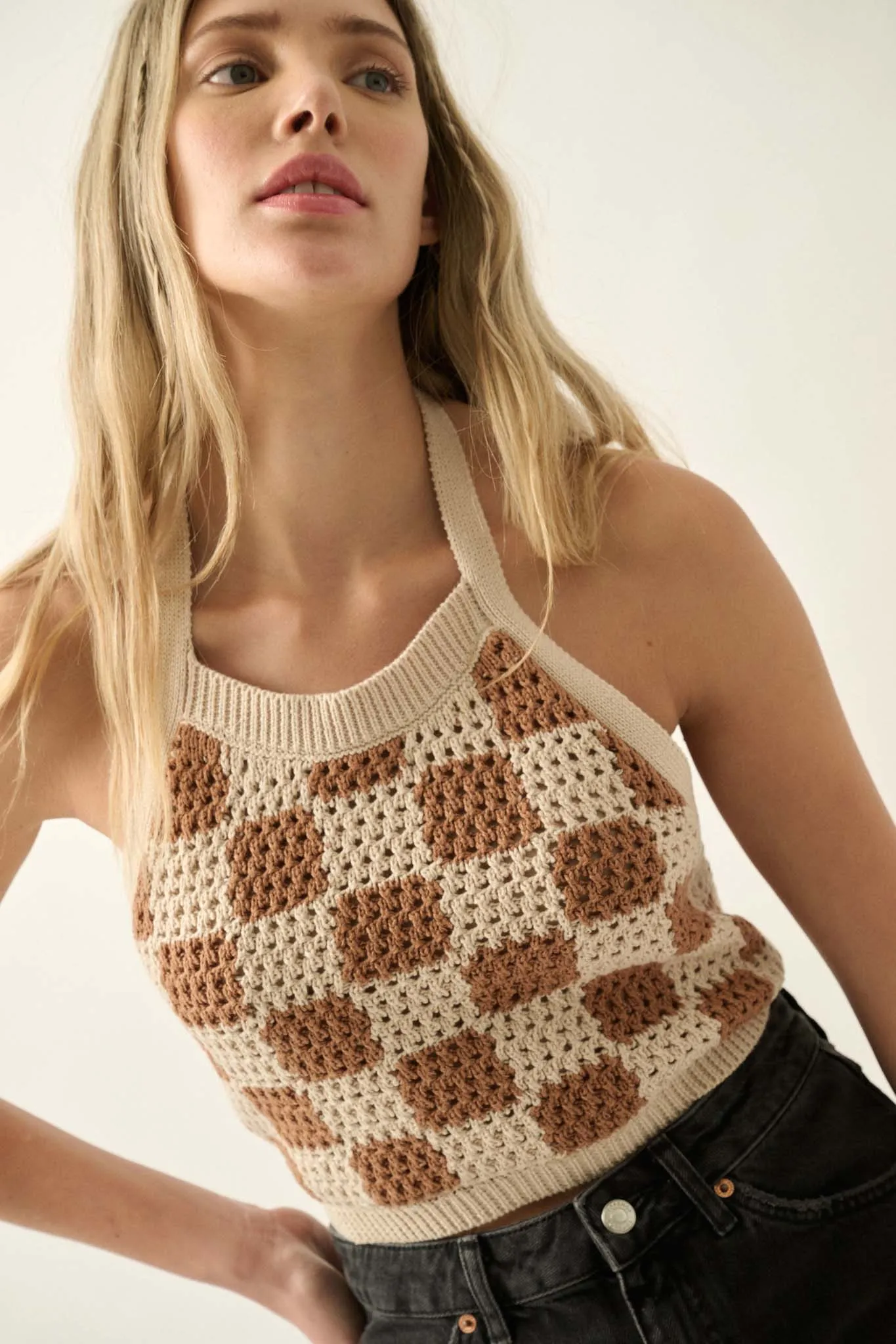 Check Yourself Checker Crochet Knit Halter Top