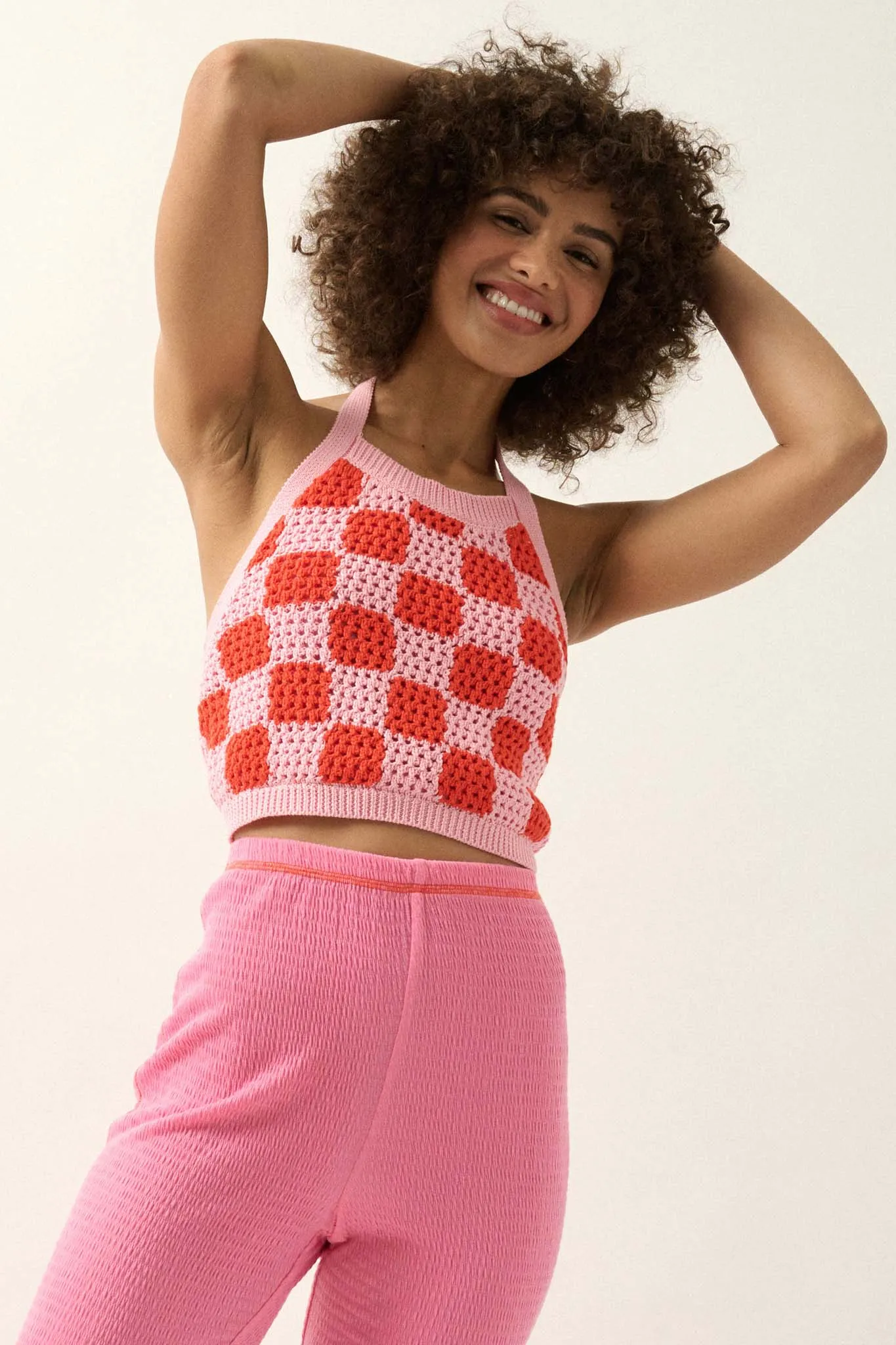 Check Yourself Checker Crochet Knit Halter Top