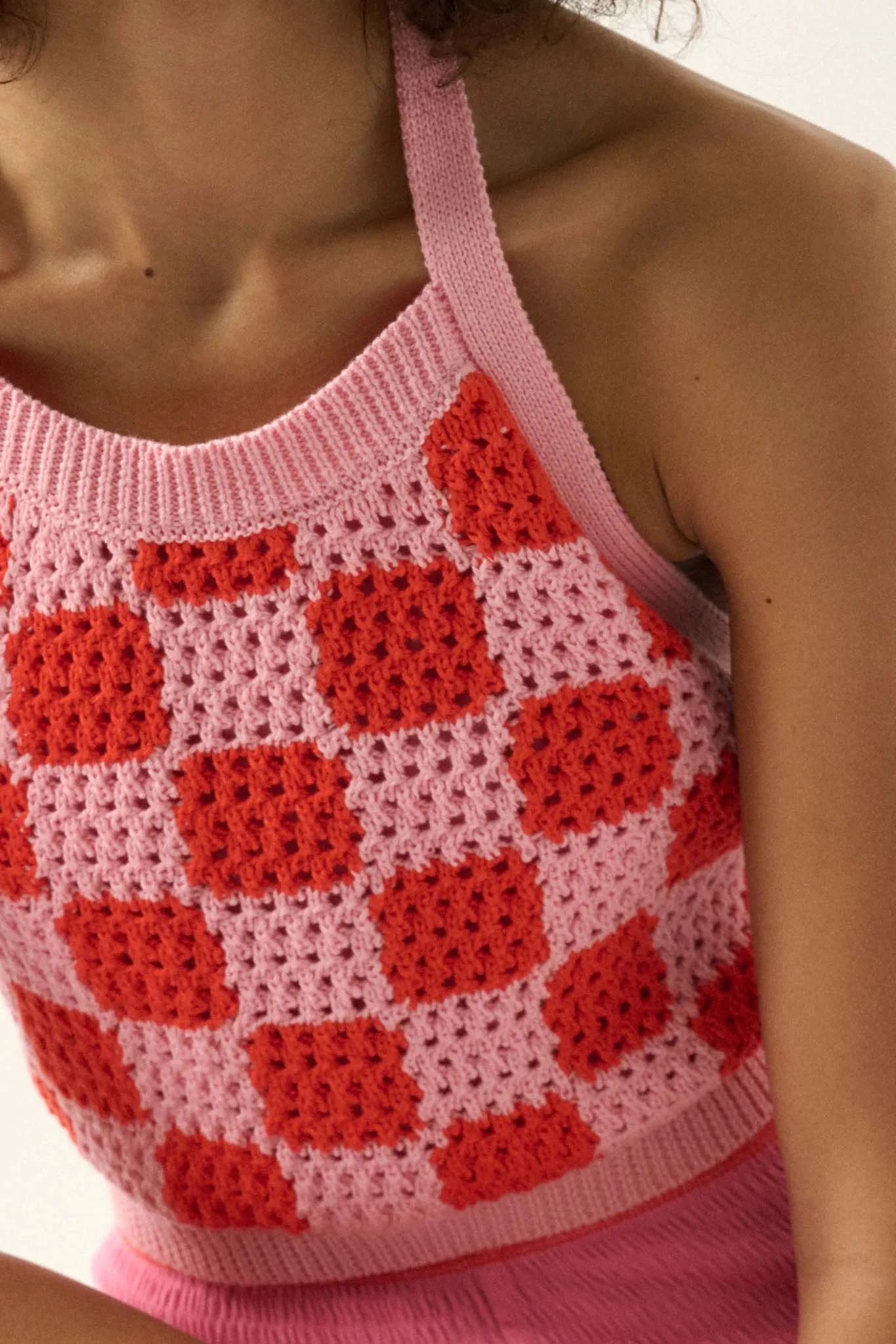Check Yourself Checker Crochet Knit Halter Top