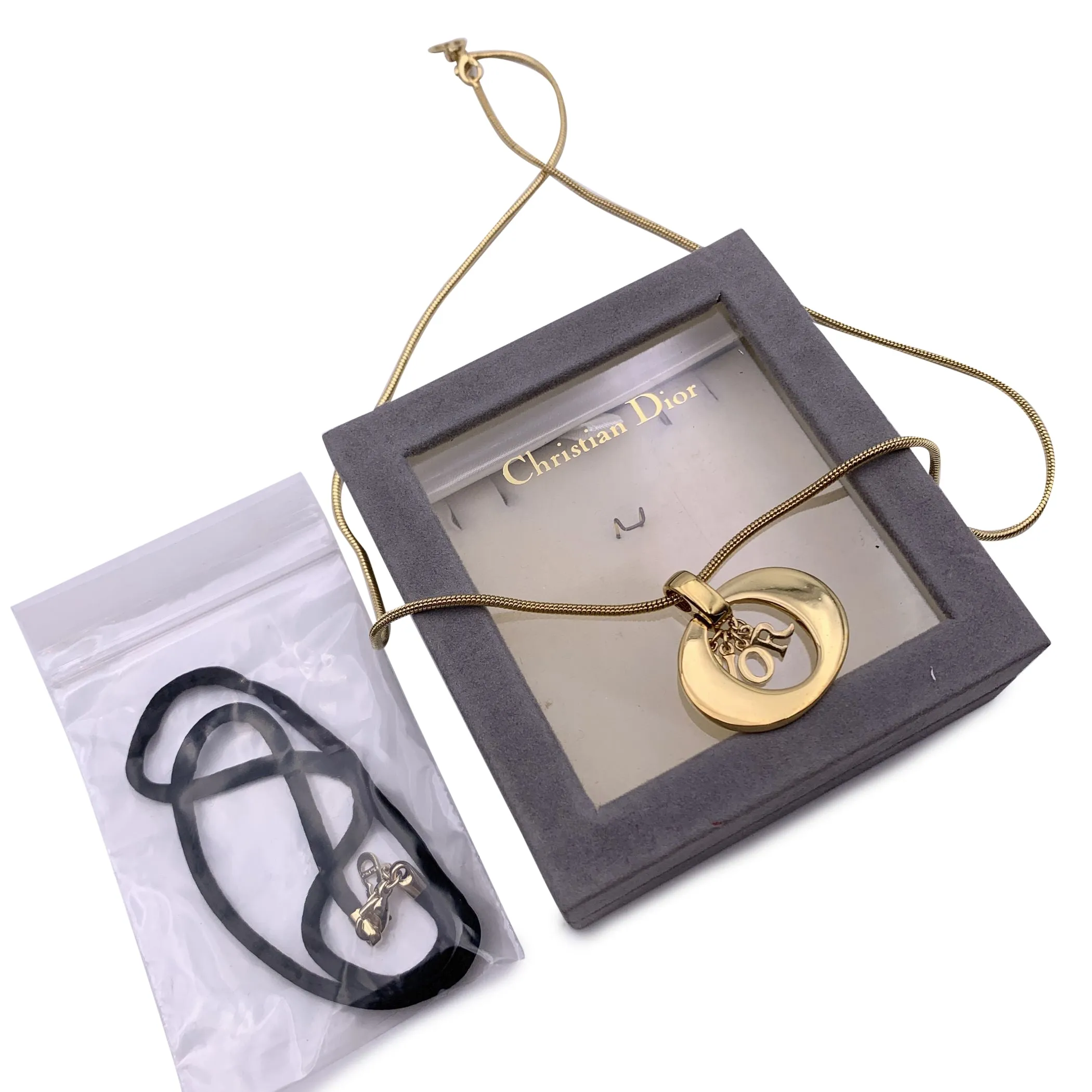 Christian Dior Vintage Gold Metal Logo Dangling Letters Necklace