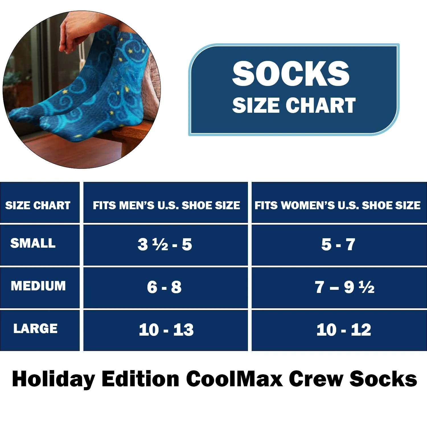 Christmas and Hanukkah Holiday Colorful CoolMax Crew Socks for Men & Women - Blue Tree Gold Stars