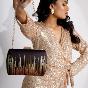 City Scape Black and Gold Printed Clutch