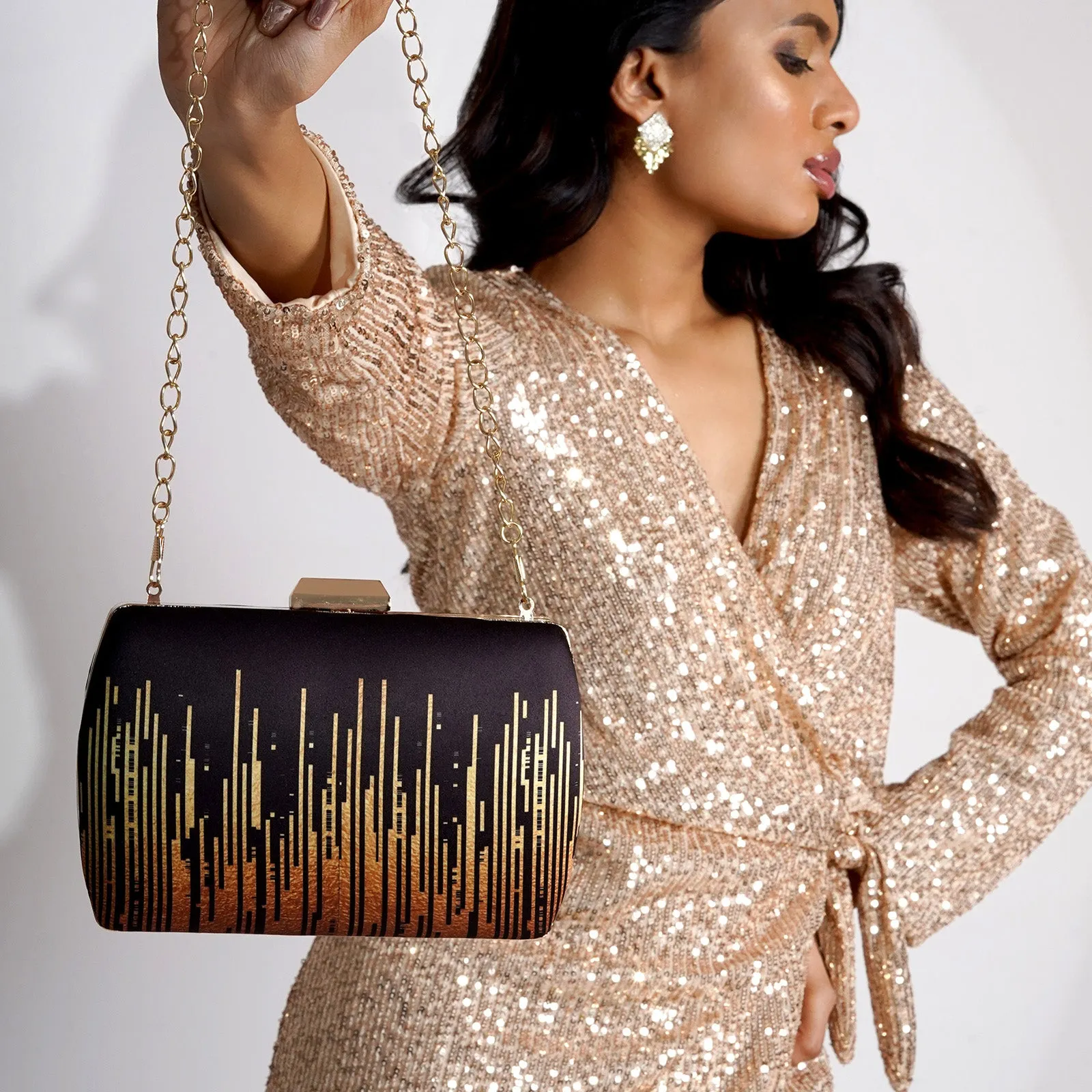 City Scape Black and Gold Printed Clutch