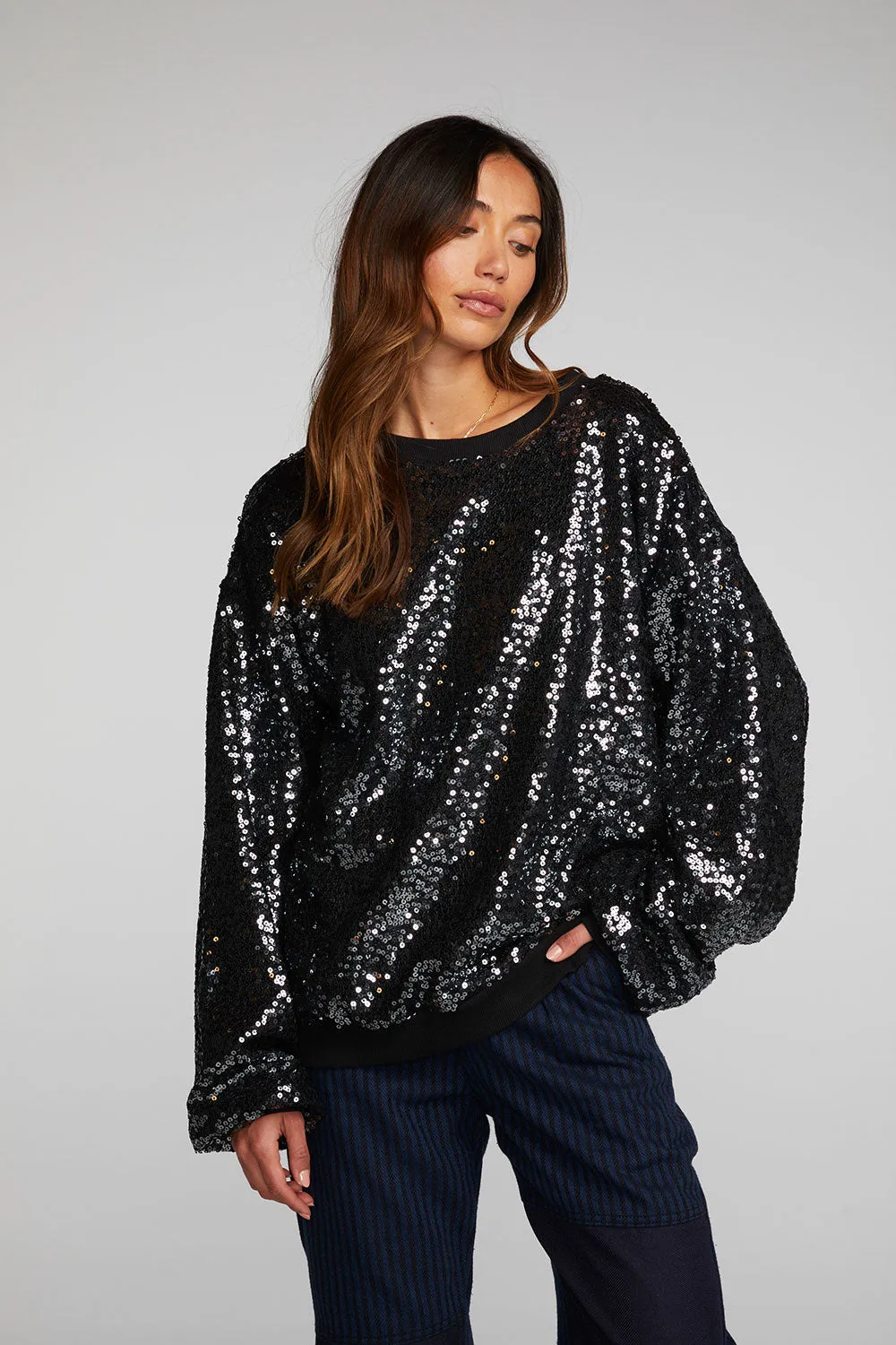 Cotton Fleece Allover Sequin Crewneck Pullover