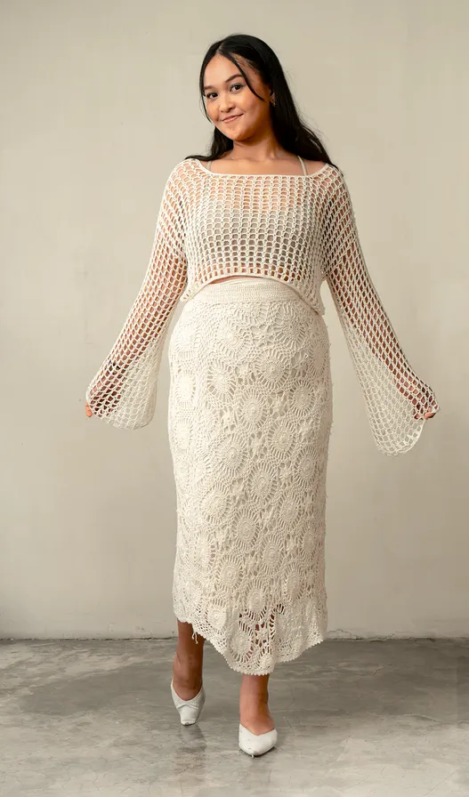 Crochet Cropped Sweater Rayon White, 1 size