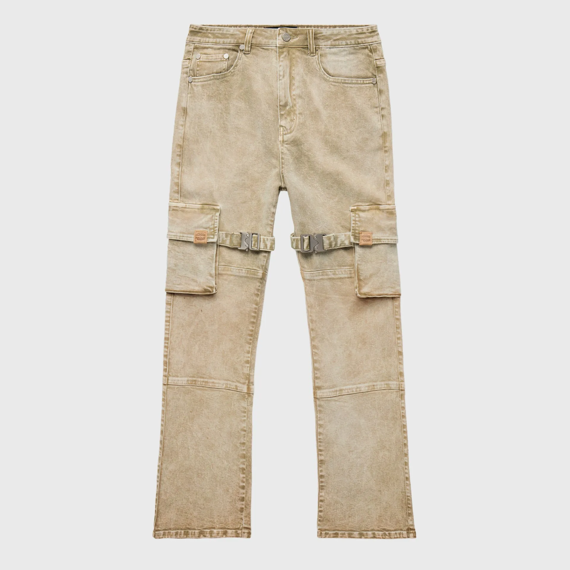 Distressed Strap Cargo Flare Denim Tan