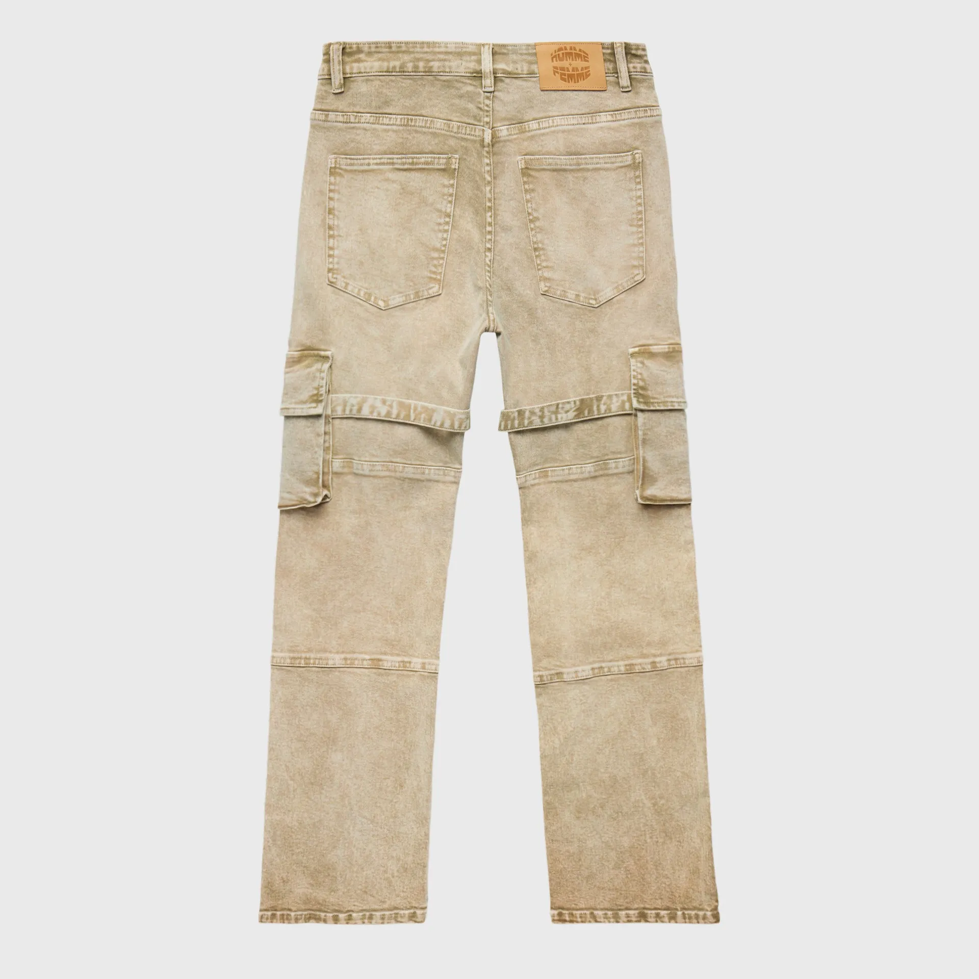 Distressed Strap Cargo Flare Denim Tan