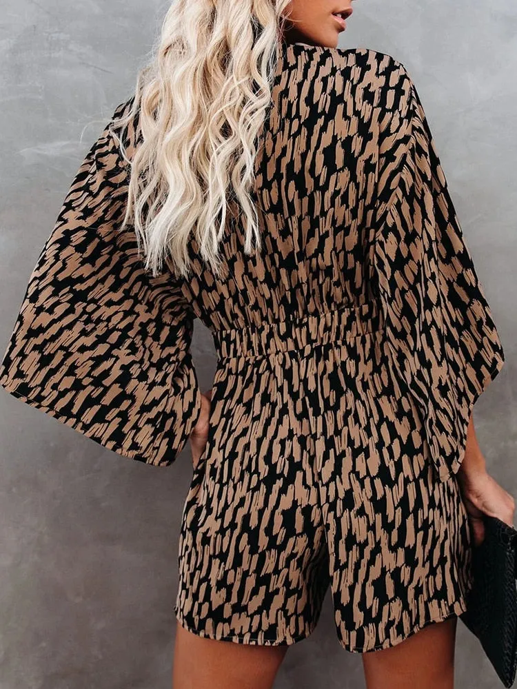DressBetty - Leopard Print Bowknot Wide Leg Romper