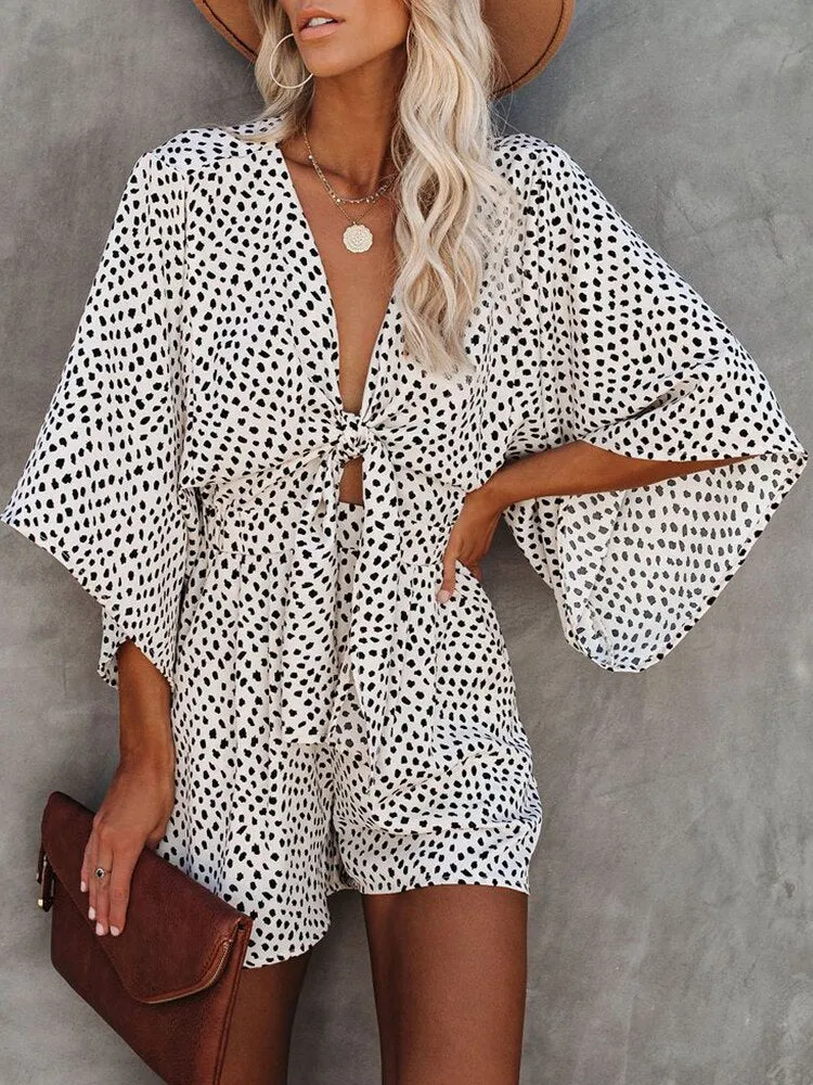 DressBetty - Leopard Print Bowknot Wide Leg Romper