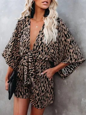 DressBetty - Leopard Print Bowknot Wide Leg Romper