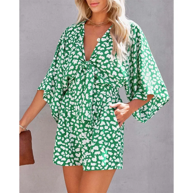 DressBetty - Leopard Print Bowknot Wide Leg Romper