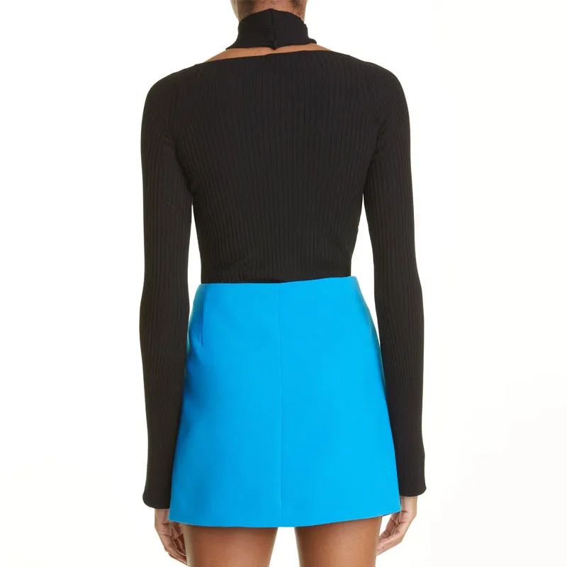 Edgy Knotted Halter Neck Cutout Front Black Long Sleeve Rib Knit Fitted Top