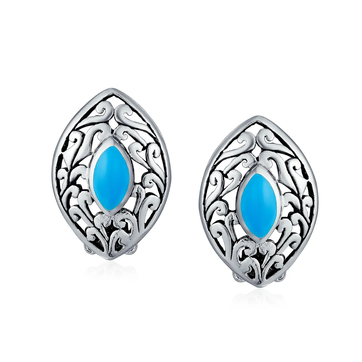 Filigree Marquise Turquoise Fan Clip On Western Earrings .925 Silver